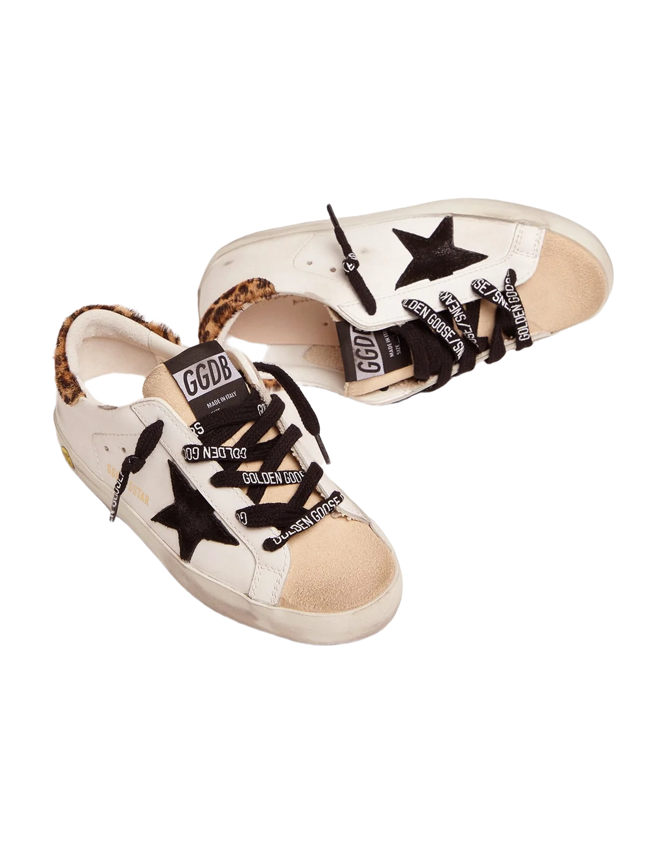 Kids | Young Super-Star Sneakers with Leopard-Print Pony Skin Heel Tab & Black Star | White x Beige x Black x Beige Brown Leo - Image 3