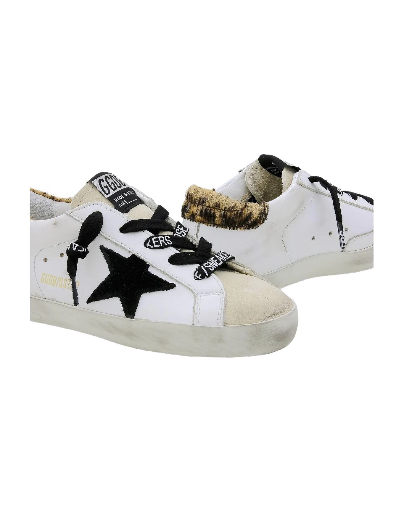 Kids | Young Super-Star Sneakers with Leopard-Print Pony Skin Heel Tab & Black Star | White x Beige x Black x Beige Brown Leo - Image 5