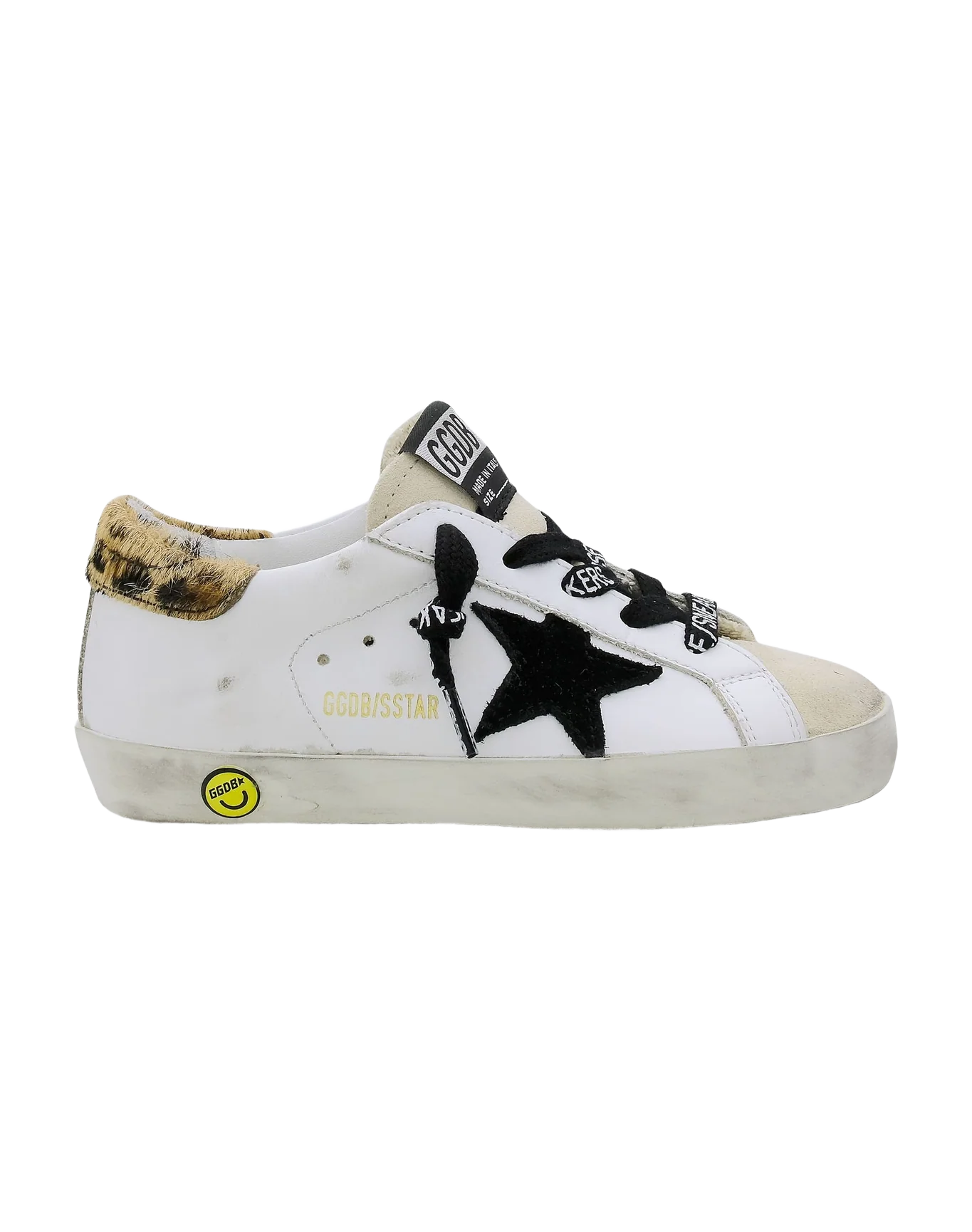 Kids | Young Super-Star Sneakers with Leopard-Print Pony Skin Heel Tab & Black Star | White x Beige x Black x Beige Brown Leo - Image 6