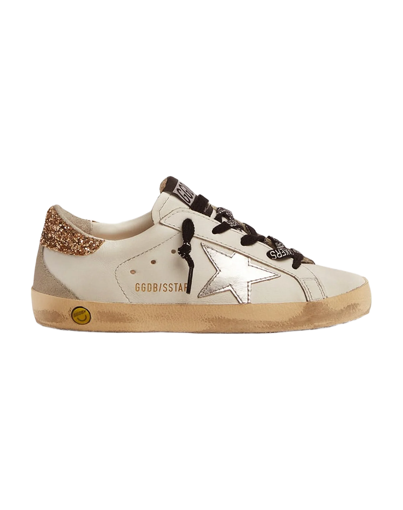 Kids | Young White Leather Super-Star Sneakers with Glittery Heel Tab | White x Silver x Light Gold x Ice - Image 3