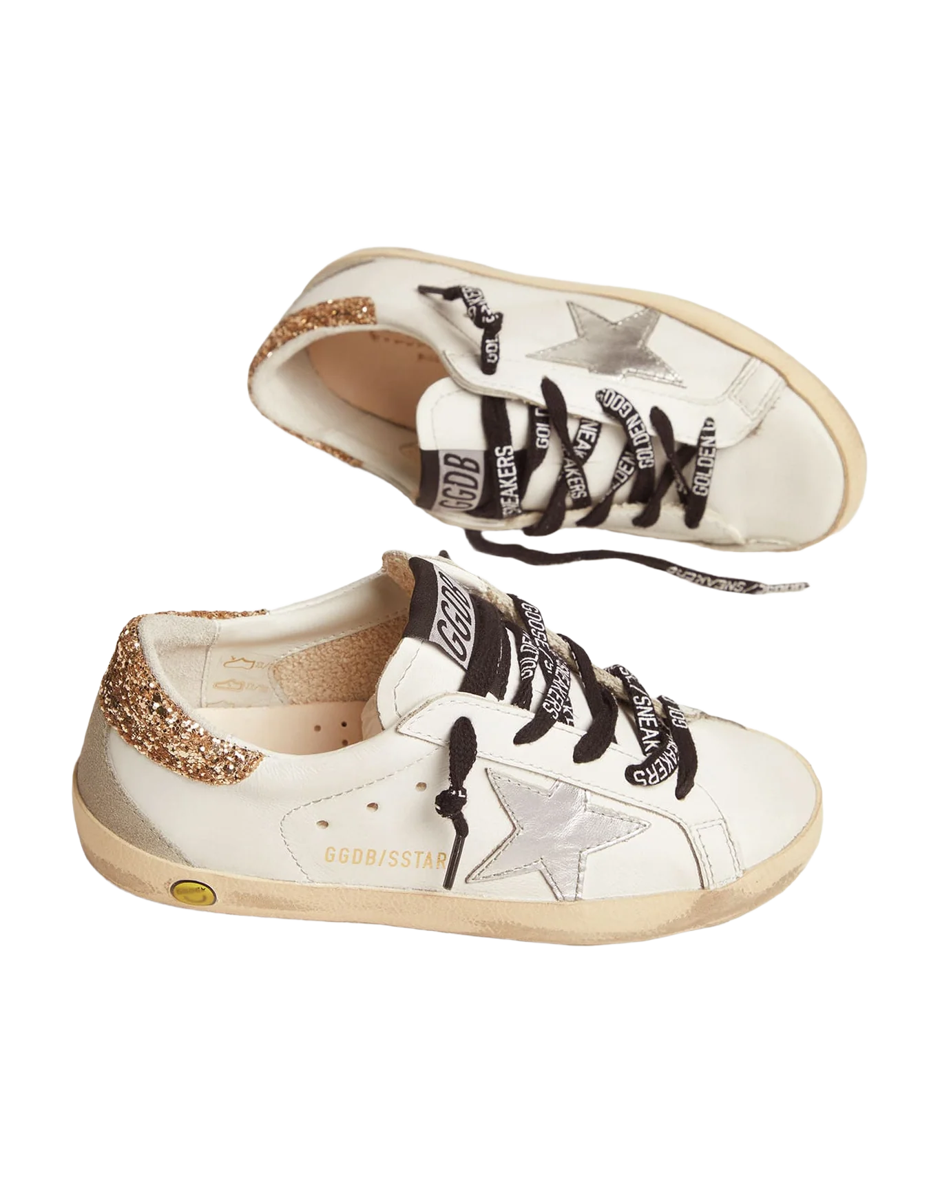 Kids | Young White Leather Super-Star Sneakers with Glittery Heel Tab | White x Silver x Light Gold x Ice - Image 4