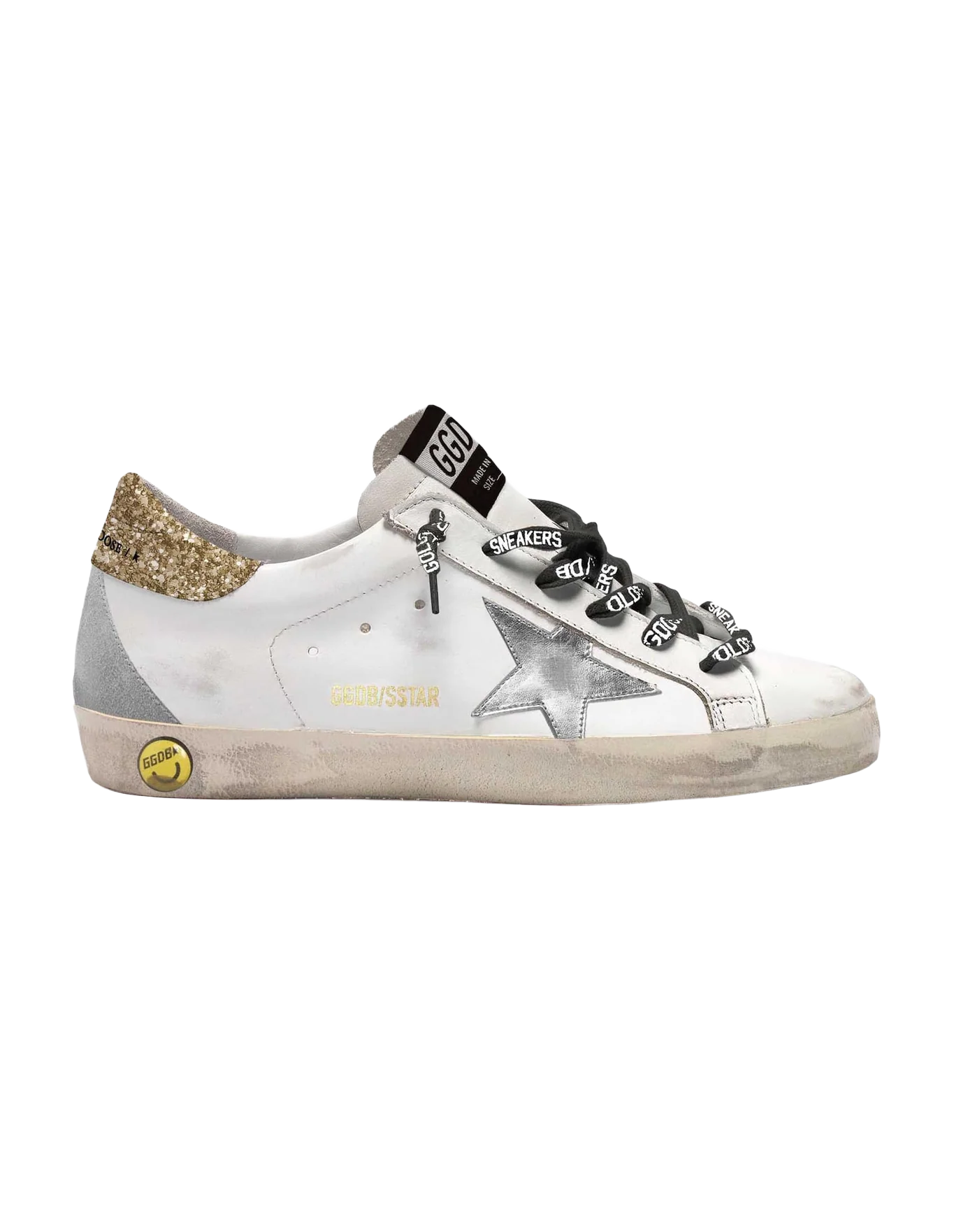 Kids | Young White Leather Super-Star Sneakers with Glittery Heel Tab | White x Silver x Light Gold x Ice - Image 5