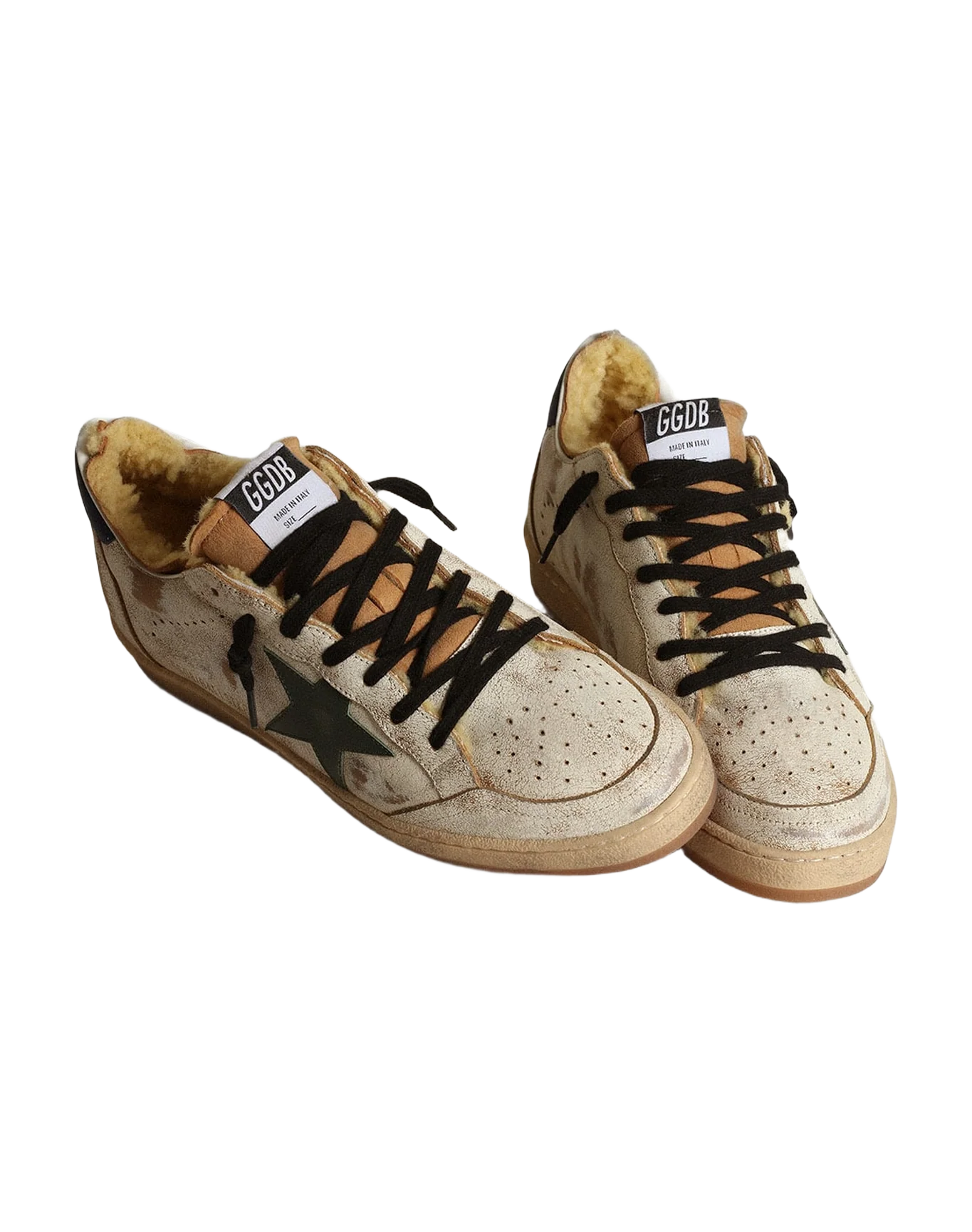 Men | Ball Star Sneakers Glossy White Leather with Dark Green Leather Star & Shearling Lining | White Beige x Dark Green x Blue - Image 6