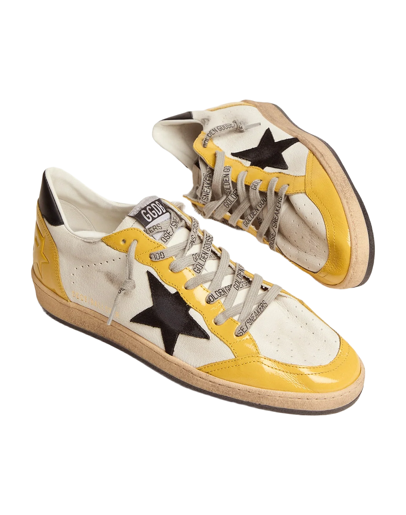 Men | Ball Star Sneakers White Nappa Leather with Black Suede Star & Yellow Naplak Inserts | White x Ocra x Black - Image 3