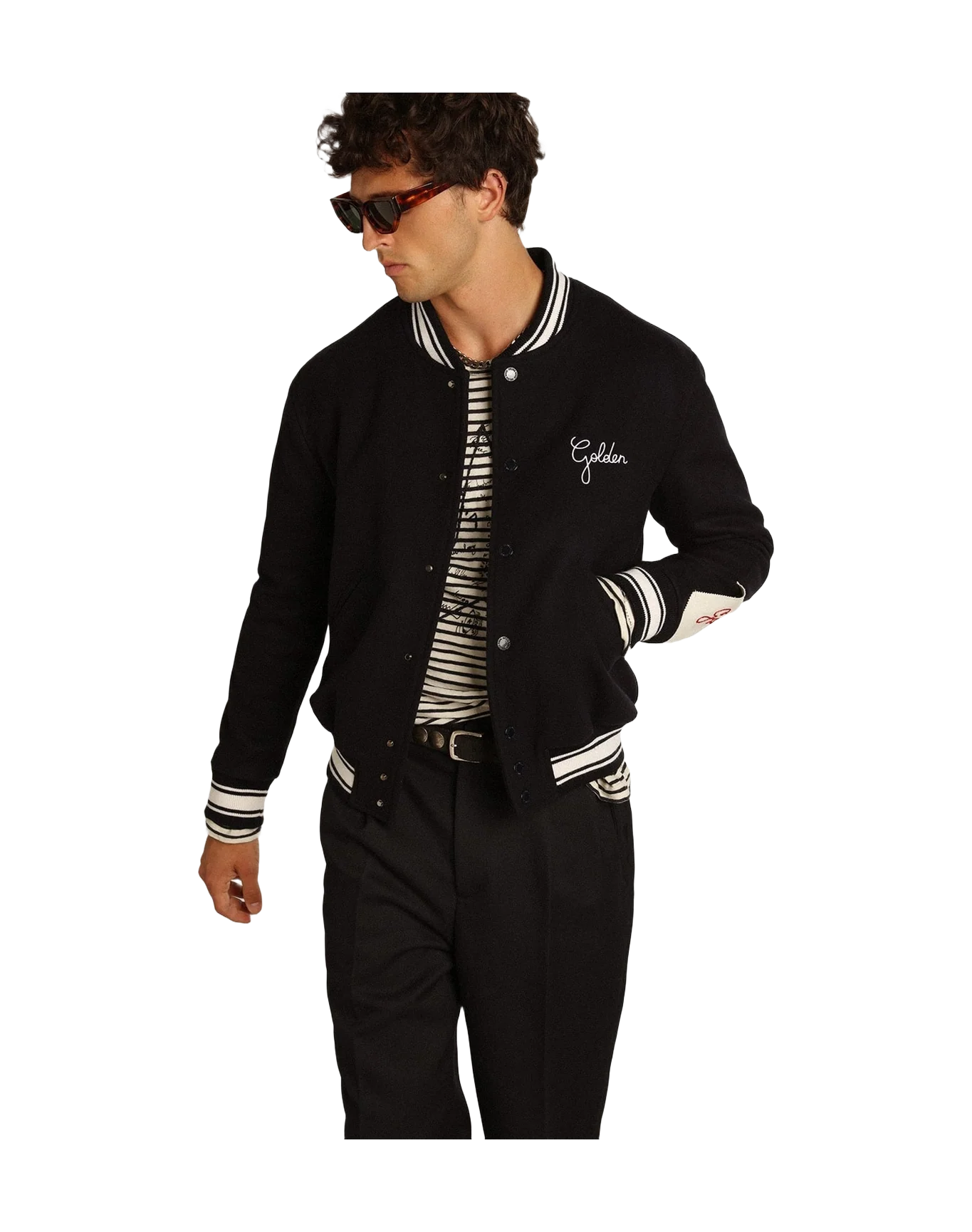 Men | Bomber Jacket Dark Blue Wool with Lettering On The Front | Dark Blue
