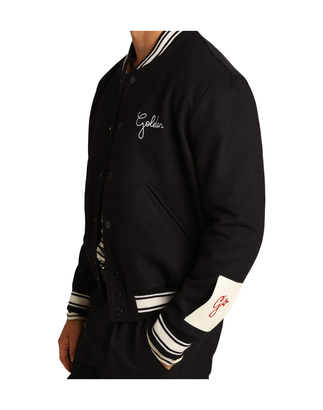 Men | Bomber Jacket Dark Blue Wool with Lettering On The Front | Dark Blue - Image 3