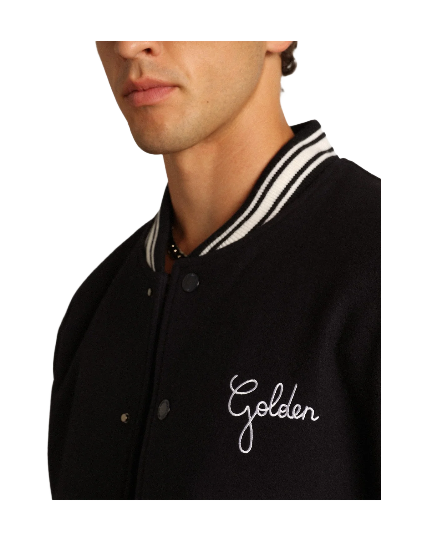 Men | Bomber Jacket Dark Blue Wool with Lettering On The Front | Dark Blue - Image 9