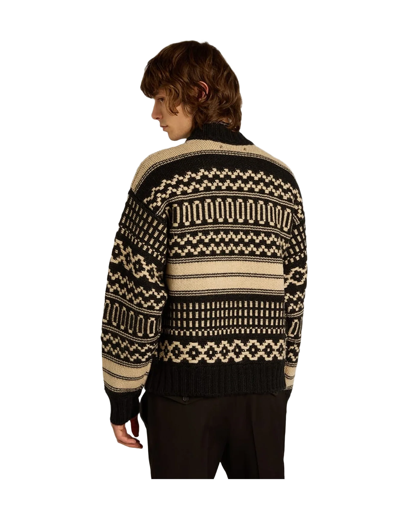 Men | Cardigan Ecru Wool with Jacquard Design | Black x Ecru