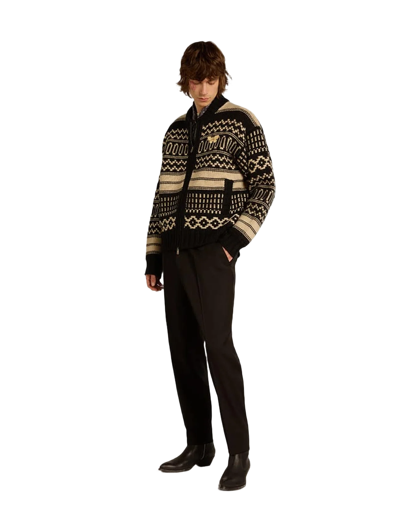 Men | Cardigan Ecru Wool with Jacquard Design | Black x Ecru - Image 2