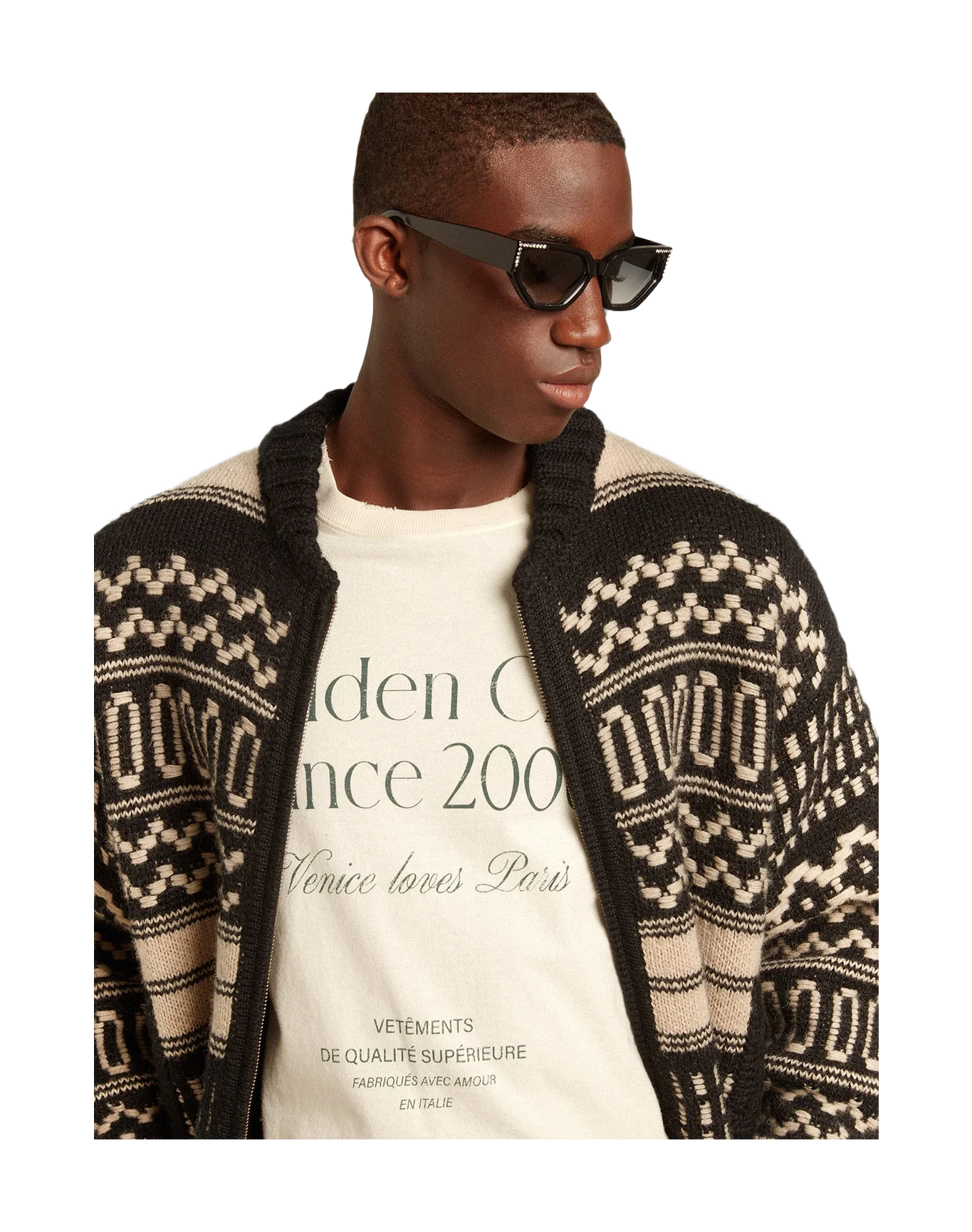 Men | Cardigan Ecru Wool with Jacquard Design | Black x Ecru - Image 3