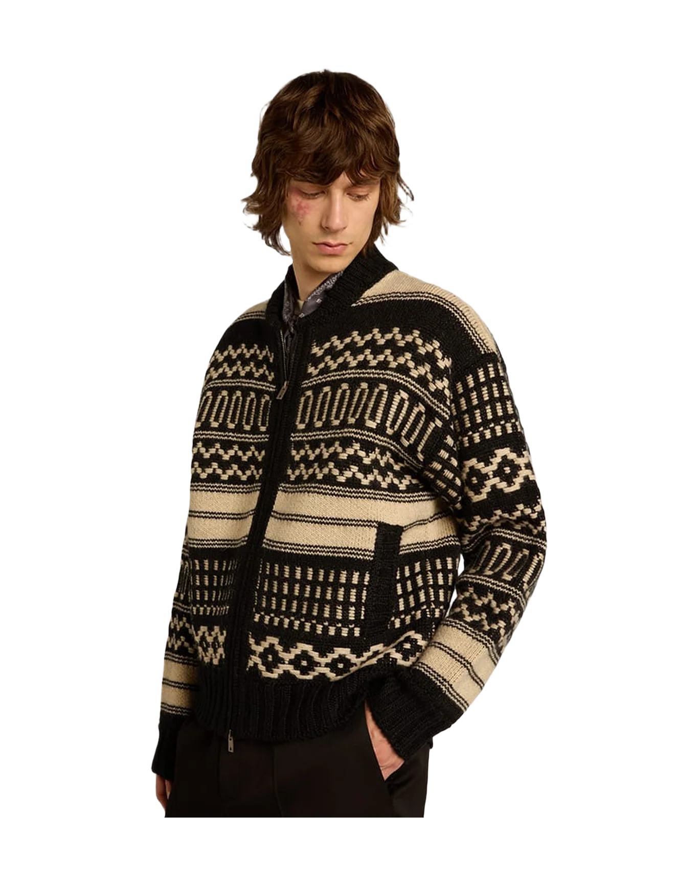 Men | Cardigan Ecru Wool with Jacquard Design | Black x Ecru - Image 4