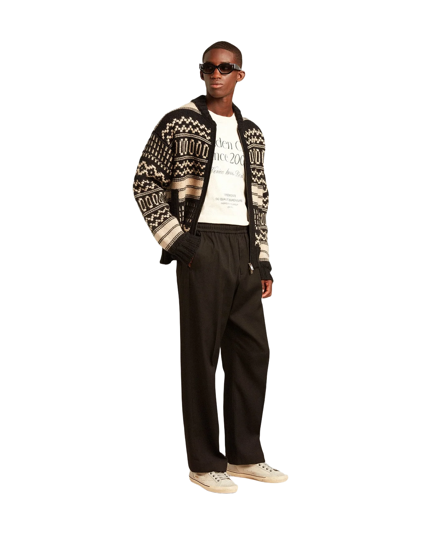 Men | Cardigan Ecru Wool with Jacquard Design | Black x Ecru - Image 5