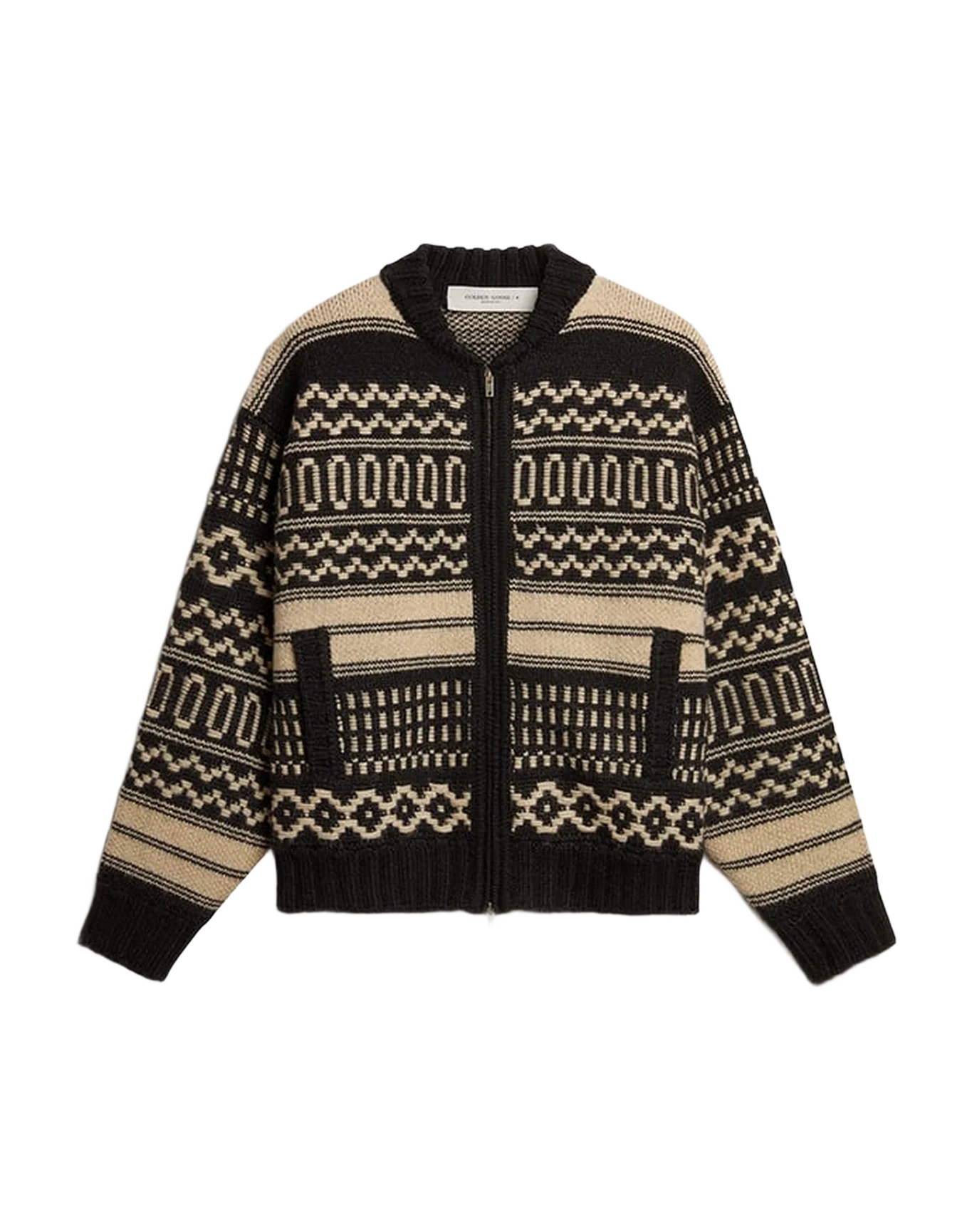 Men | Cardigan Ecru Wool with Jacquard Design | Black x Ecru - Image 6