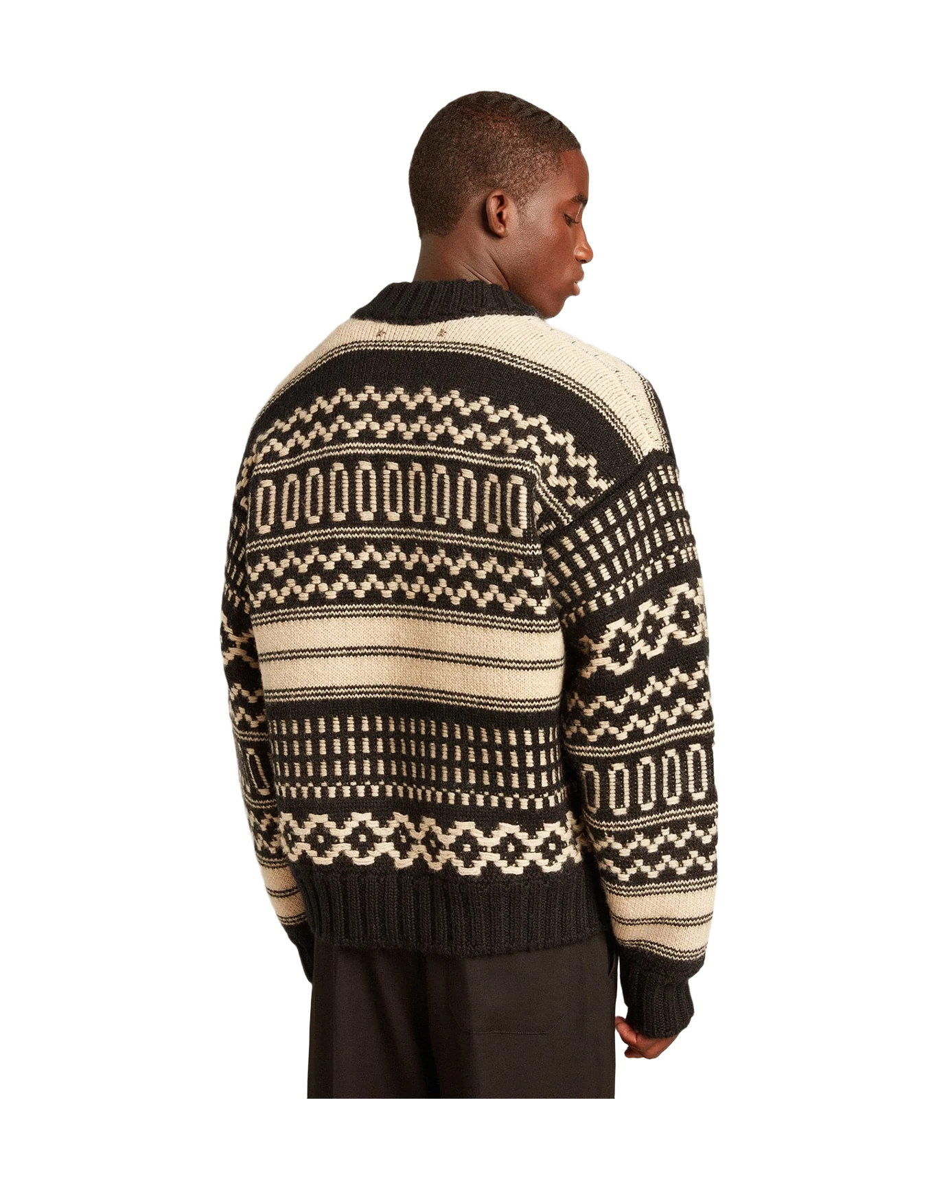 Men | Cardigan Ecru Wool with Jacquard Design | Black x Ecru - Image 9