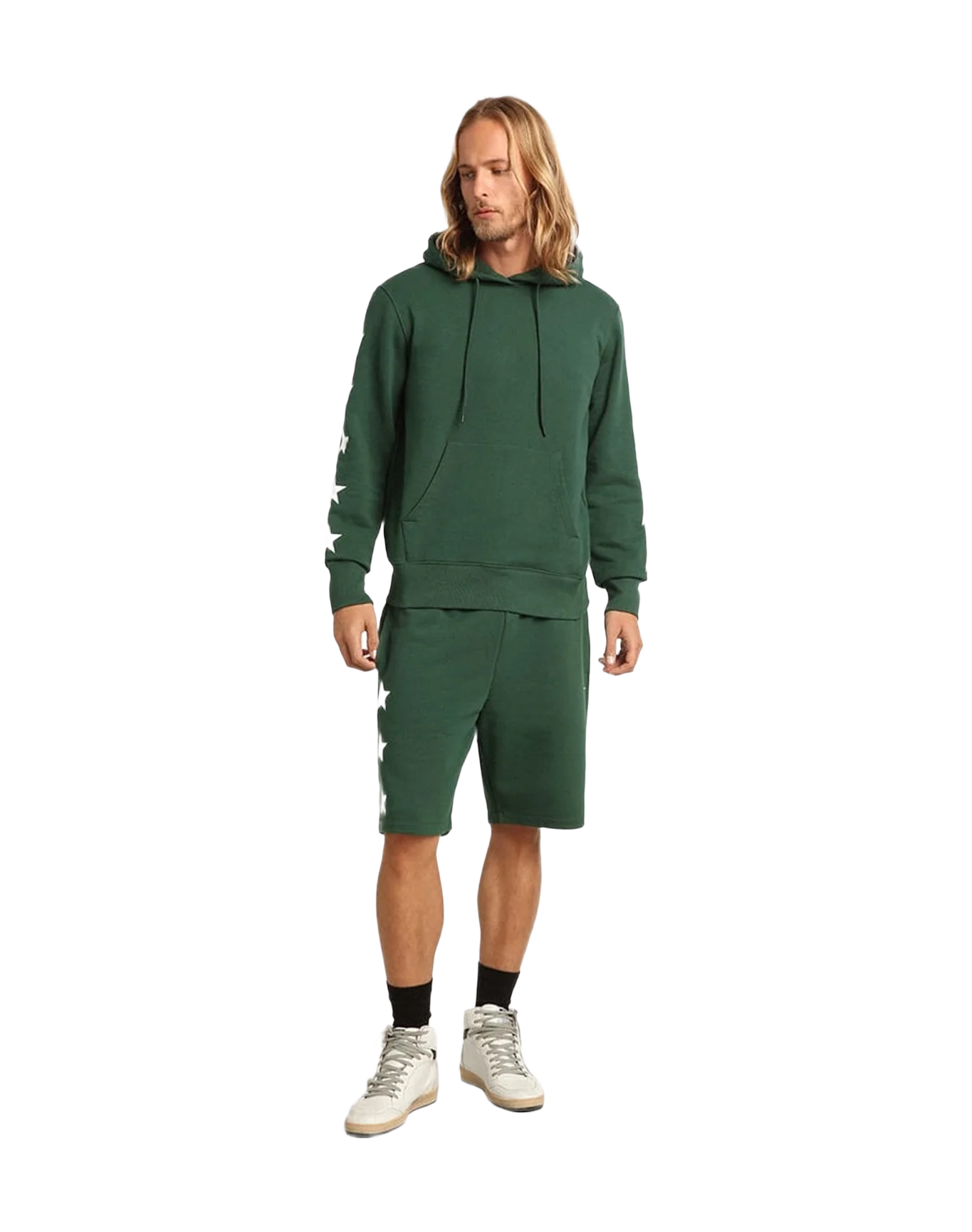 Men | Dark Green Star Collection Hoodie with Large White Star On The Back & White Starts On The Arms | Bright Green x White