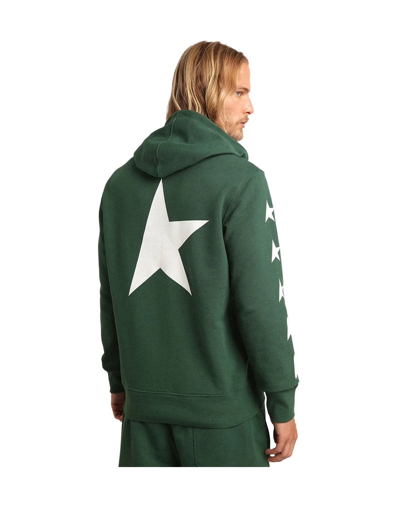 Men | Dark Green Star Collection Hoodie with Large White Star On The Back & White Starts On The Arms | Bright Green x White - Image 3