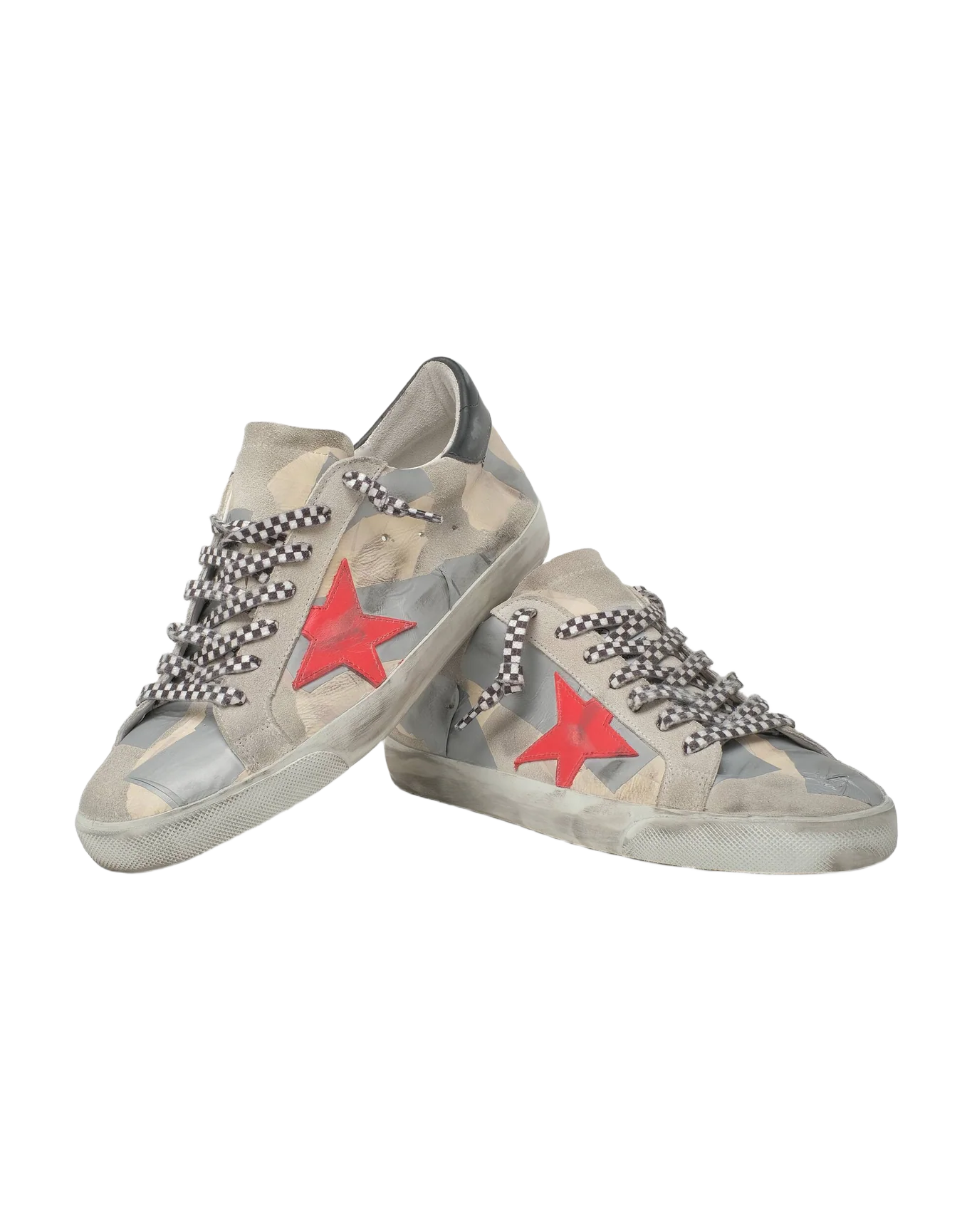 Men | Grey Super-Star Sneakers with Pink Star & Dark Grey Leather Heel Tab | Beige Silver x Ice x Red x Black - Image 3