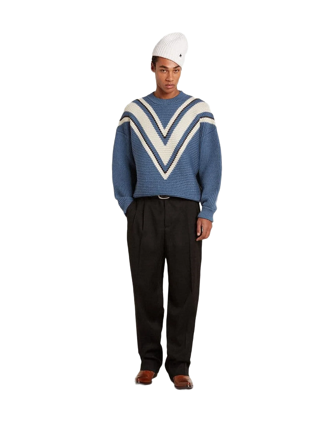 Men | Light Blue Jacquard Wool Sweater with Cream-Colored Pattern | Dutch Blue x Natural White - Image 6