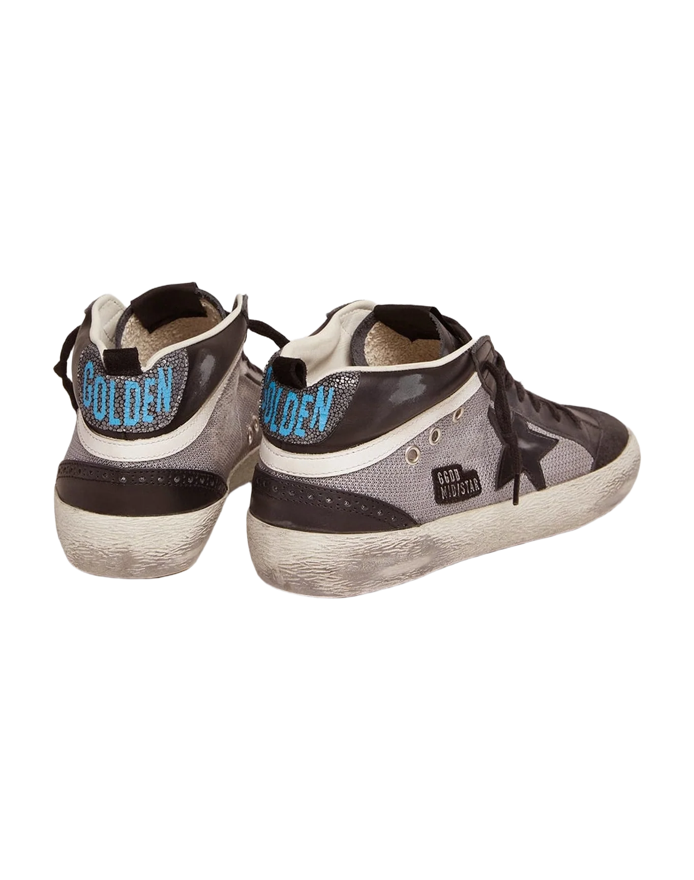 Men | Mid Star Sneakers Black Leather & Silver Mesh | Black x Grey x White