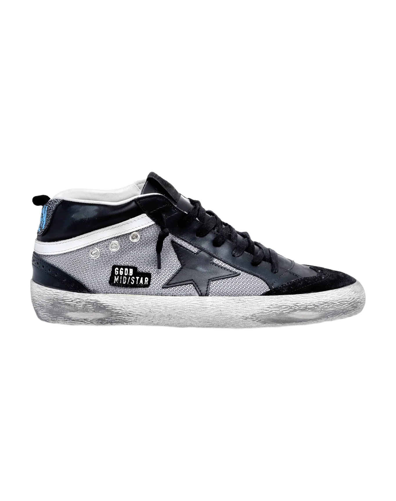 Men | Mid Star Sneakers Black Leather & Silver Mesh | Black x Grey x White - Image 3