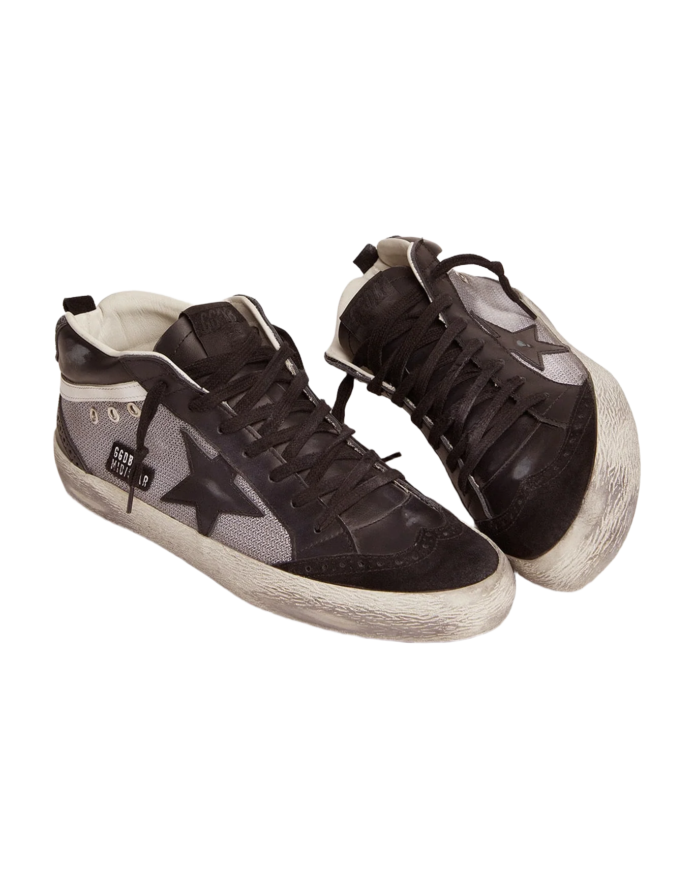 Men | Mid Star Sneakers Black Leather & Silver Mesh | Black x Grey x White - Image 4
