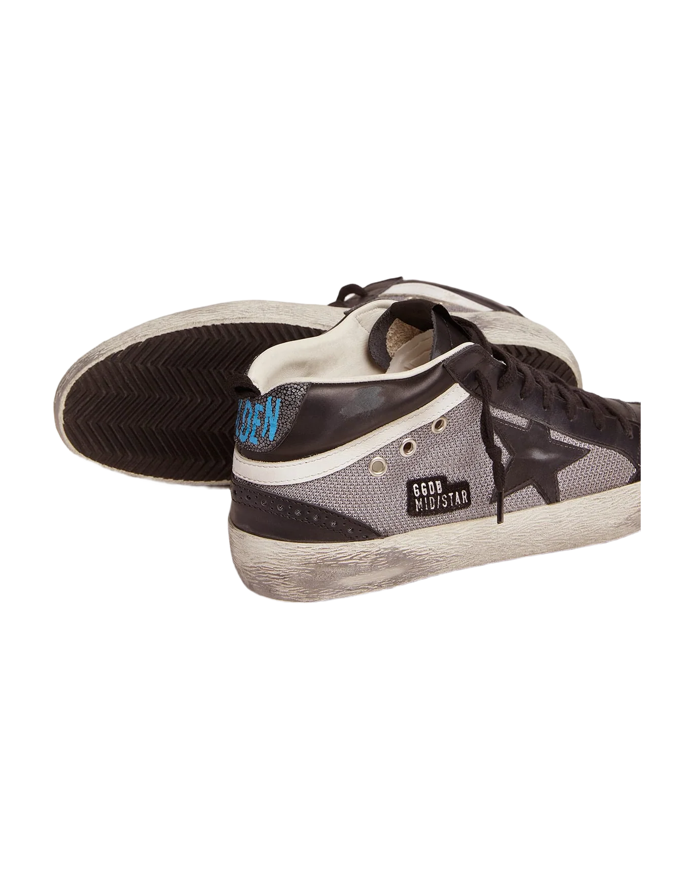 Men | Mid Star Sneakers Black Leather & Silver Mesh | Black x Grey x White - Image 5