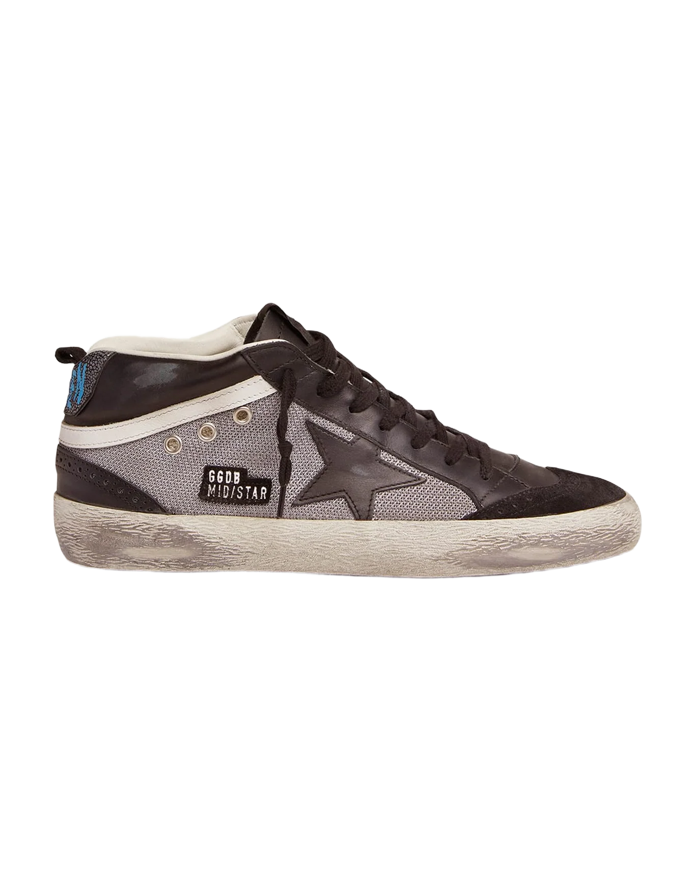 Men | Mid Star Sneakers Black Leather & Silver Mesh | Black x Grey x White - Image 8