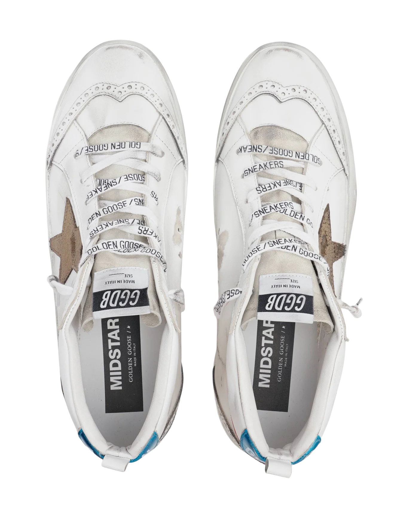 Men | Mid Star Sneakers with Metallic Light Blue Heel Tab & Crackled Khaki Star | White x Kaki x Red x Blue - Image 2