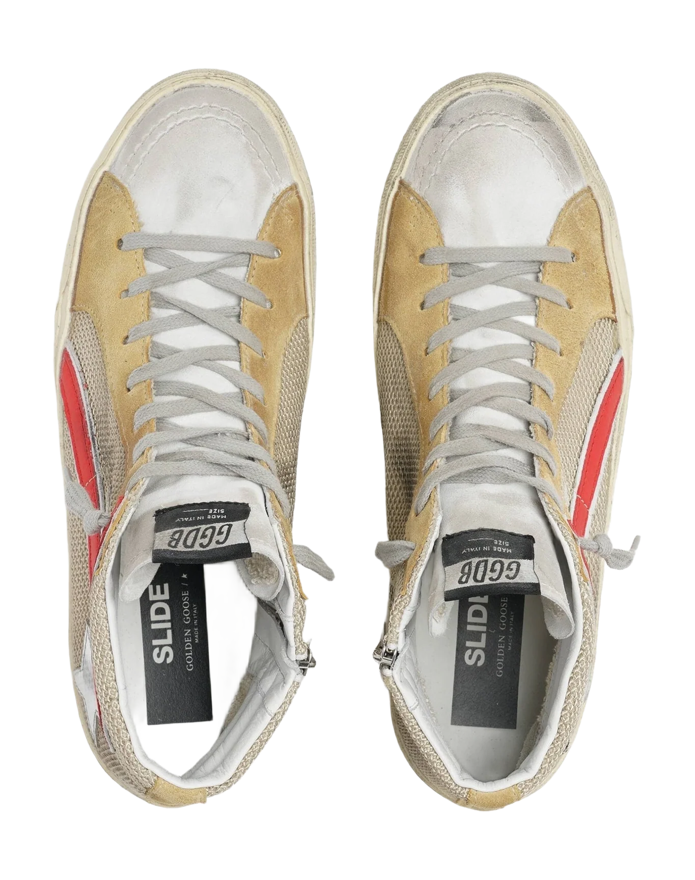 Men | Slide Sneakers Beige Net Upper with Laminated Star & Red Flash | Milk x White x Silver x Red x Sand