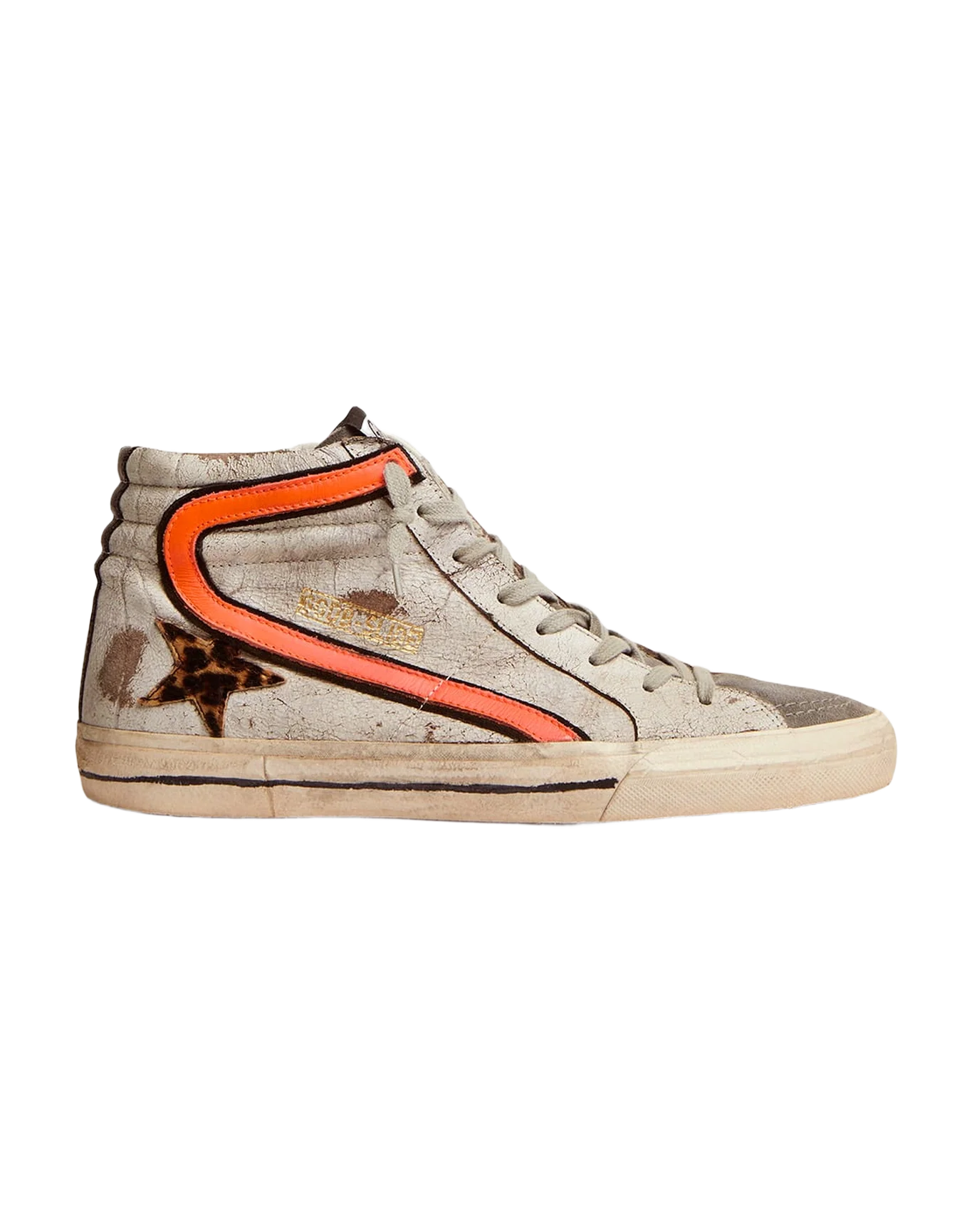 Men | Slide Sneakers Crackled Suede with Leopard-Print Pony Skin Star | White x Beige Brown Leo x Dark Grey x Orange Fluo - Image 7
