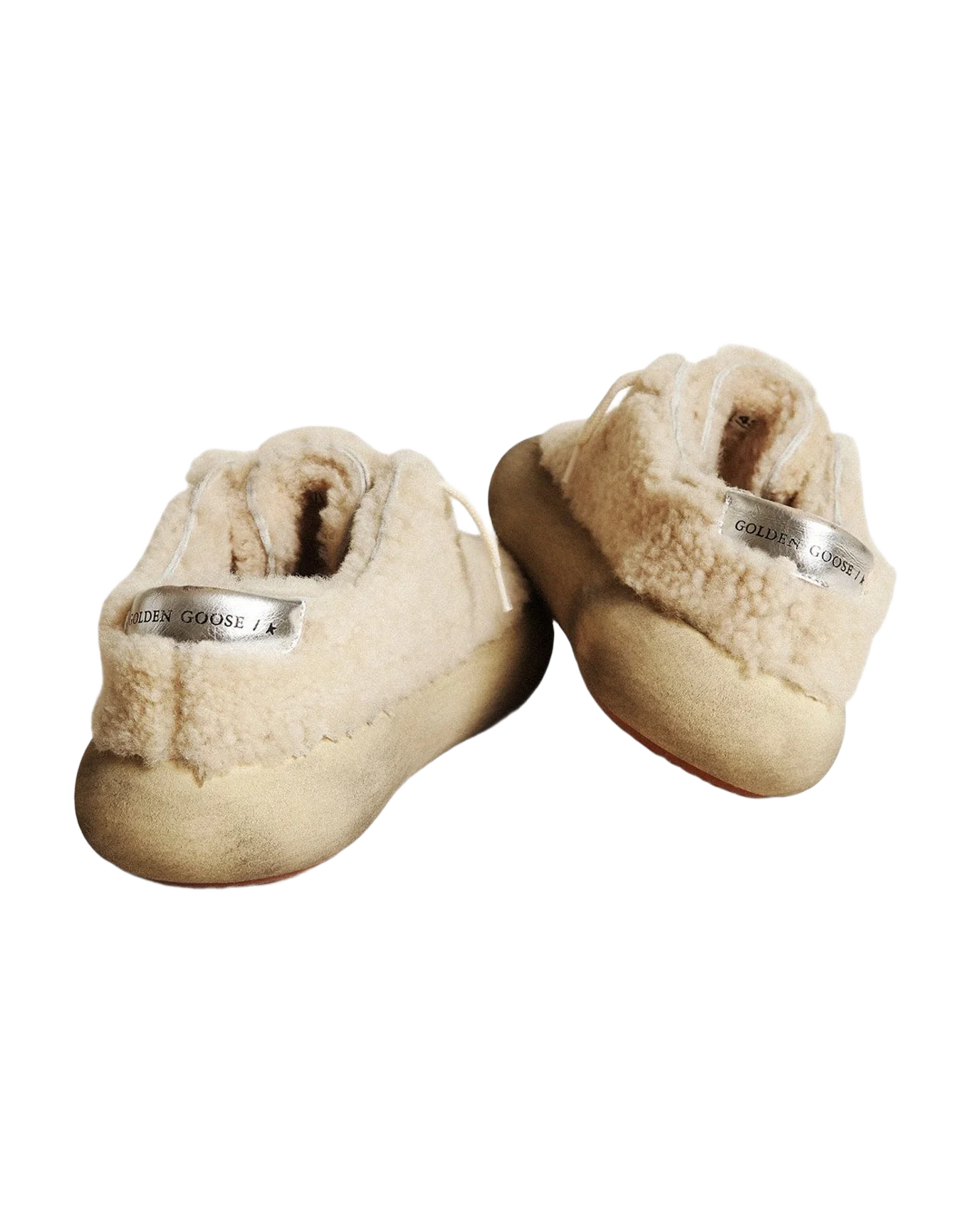 Men | Space-Star Shoes Beige Shearling with White Leather Star & Metallic Leather Heel Tab | Beige x White