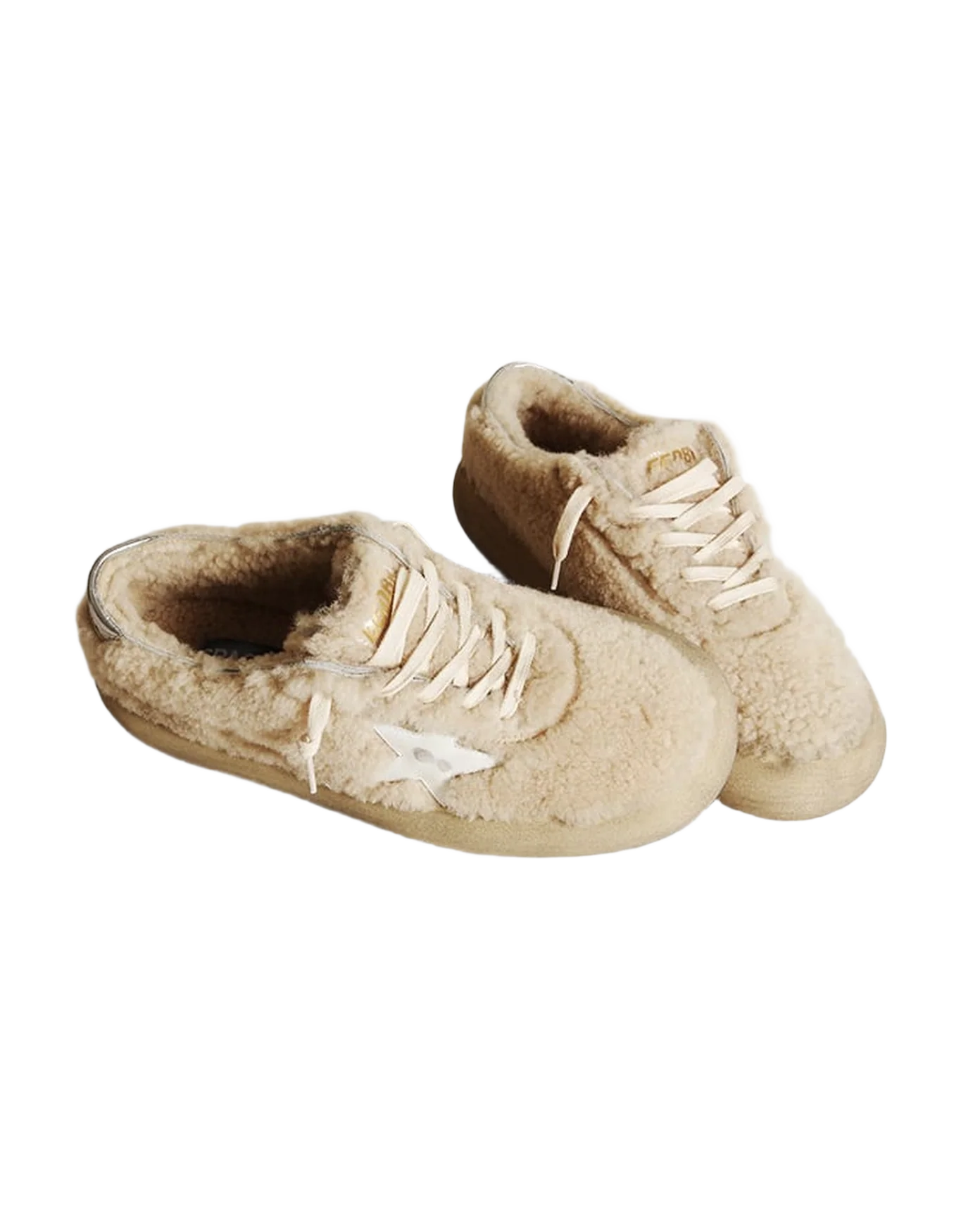Men | Space-Star Shoes Beige Shearling with White Leather Star & Metallic Leather Heel Tab | Beige x White - Image 10