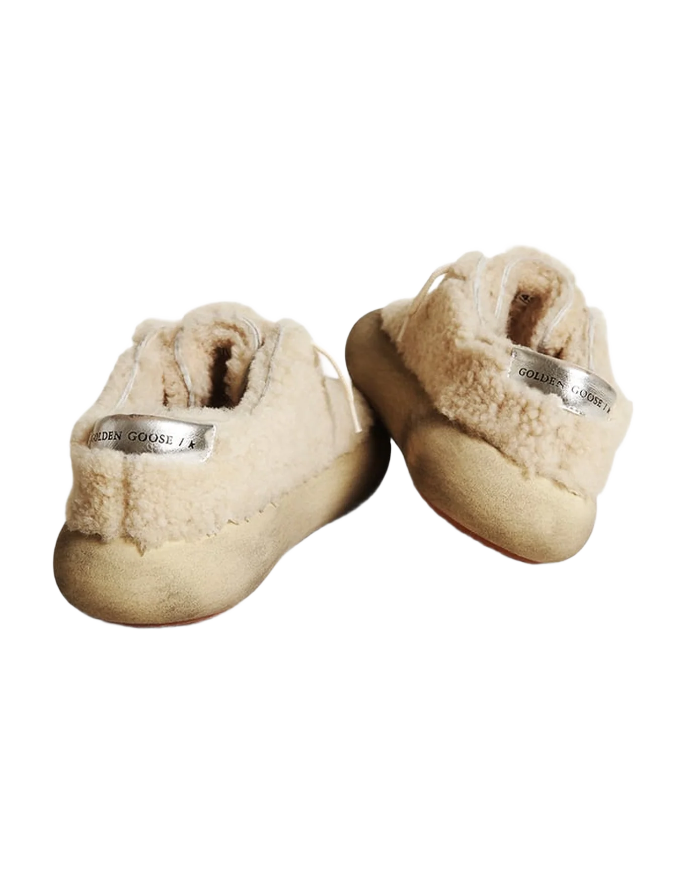 Men | Space-Star Shoes Beige Shearling with White Leather Star & Metallic Leather Heel Tab | Beige x White - Image 5