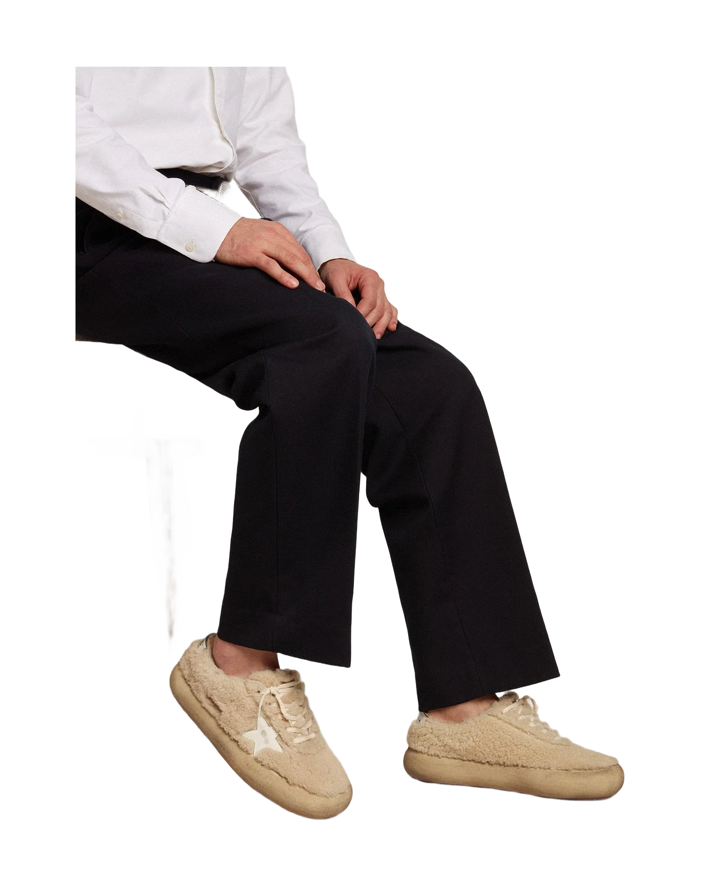 Men | Space-Star Shoes Beige Shearling with White Leather Star & Metallic Leather Heel Tab | Beige x White - Image 6