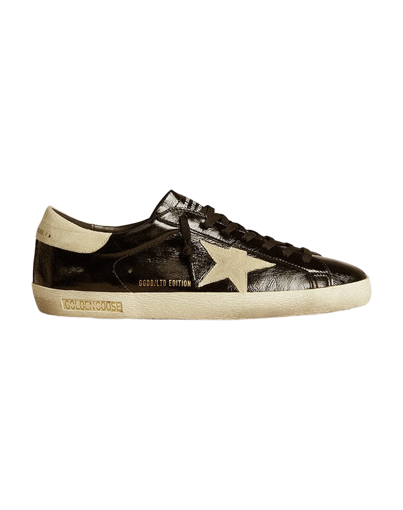 Men | Super-Star Black Patent Leather with Suede Star & Heel Tab | Black x Beige - Image 4