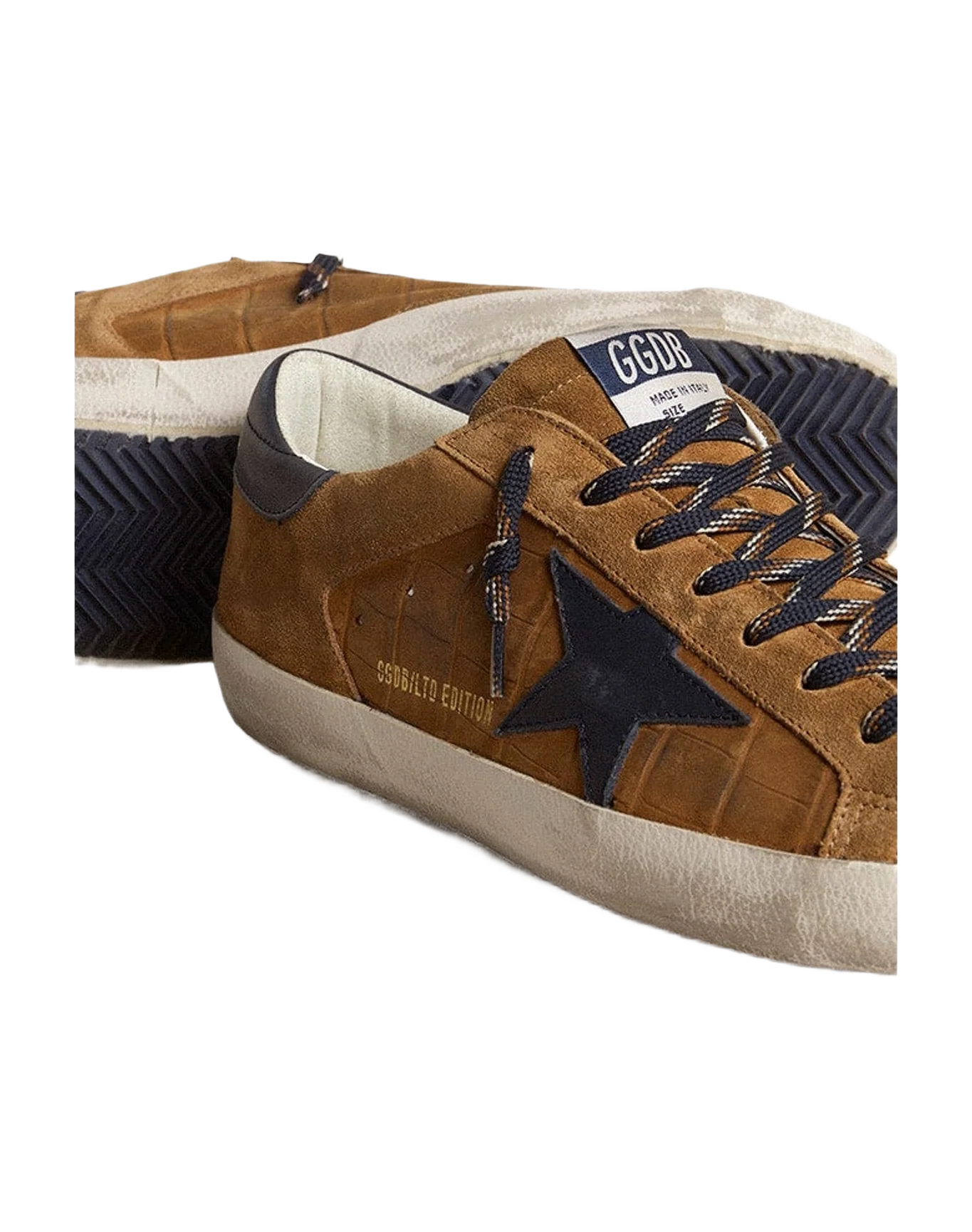 Men | Super-Star Ltd Tobacco-Colored Croc-Print Leather with Midnight Blue Leather Star & Heel Tab | Cognac x Blue