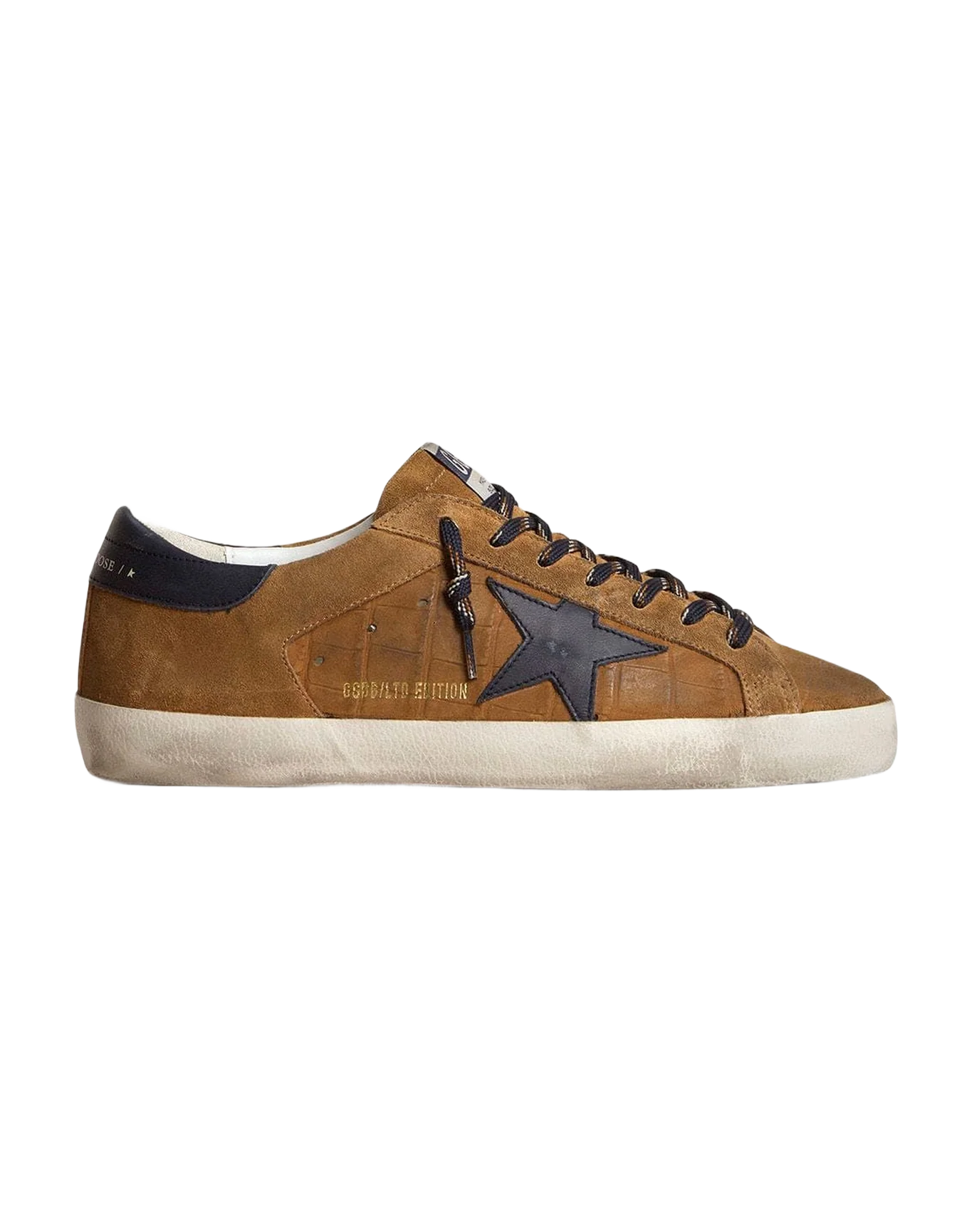 Men | Super-Star Ltd Tobacco-Colored Croc-Print Leather with Midnight Blue Leather Star & Heel Tab | Cognac x Blue - Image 6