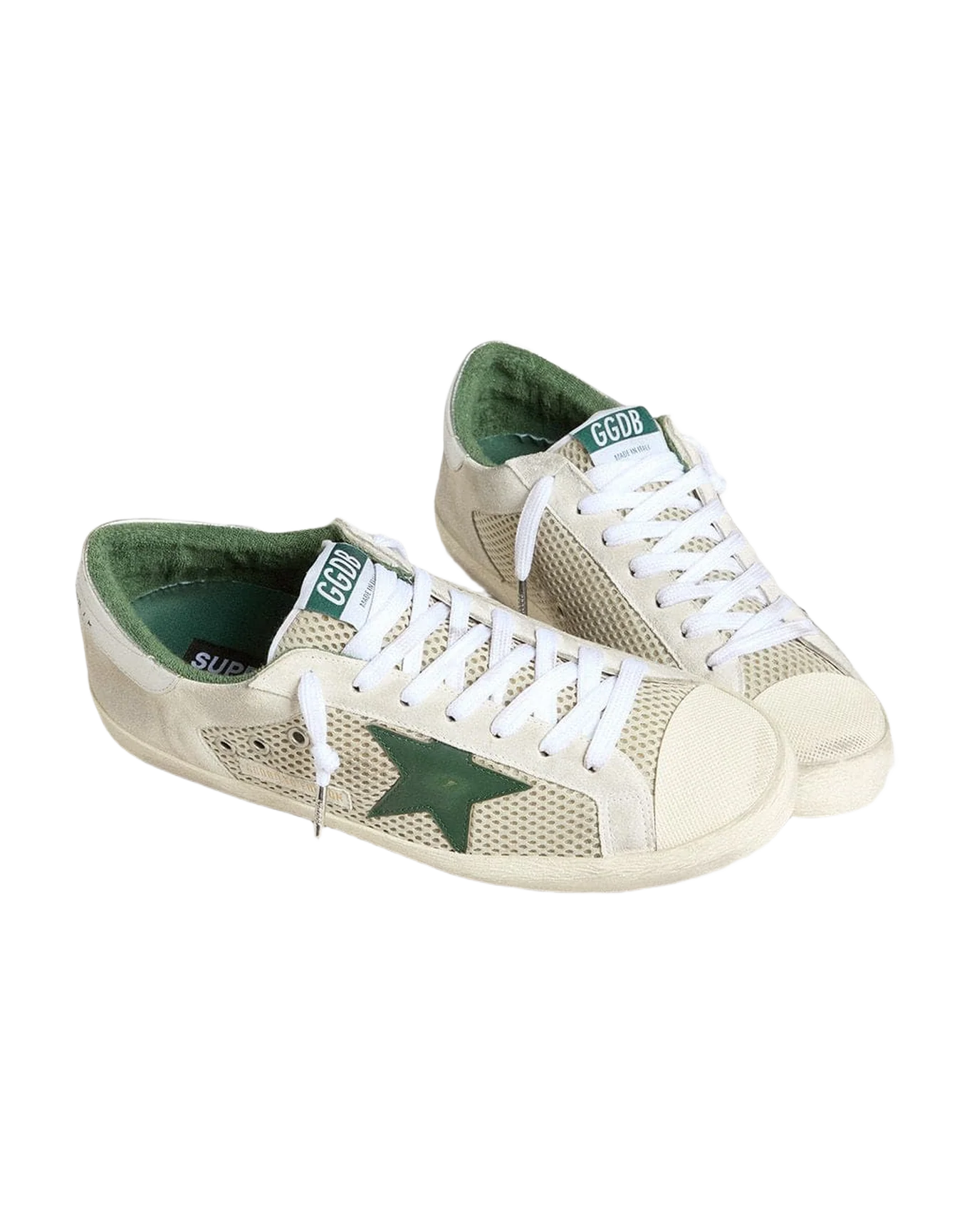 Men | Super-Star Ltd White Suede & Mesh with Green Leather Star & Silver Heel Tab | White x Green x Silver - Image 2