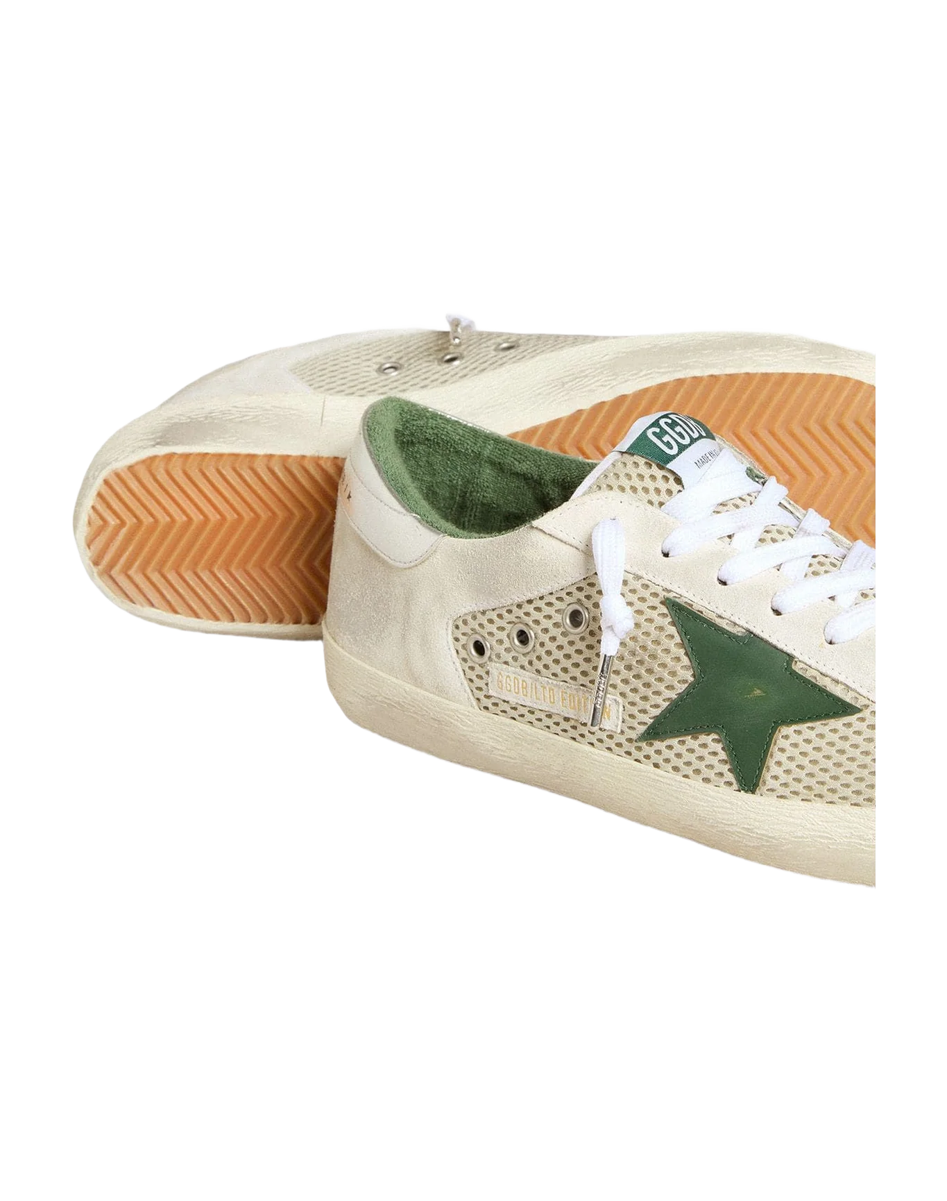 Men | Super-Star Ltd White Suede & Mesh with Green Leather Star & Silver Heel Tab | White x Green x Silver - Image 3
