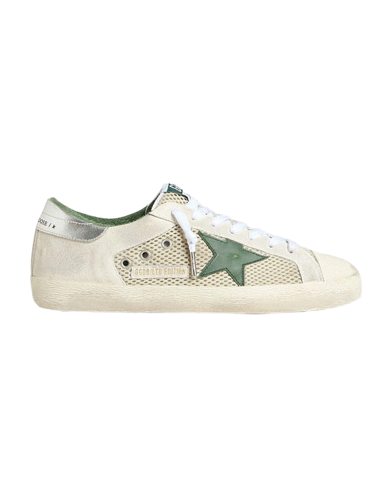 Men | Super-Star Ltd White Suede & Mesh with Green Leather Star & Silver Heel Tab | White x Green x Silver - Image 5