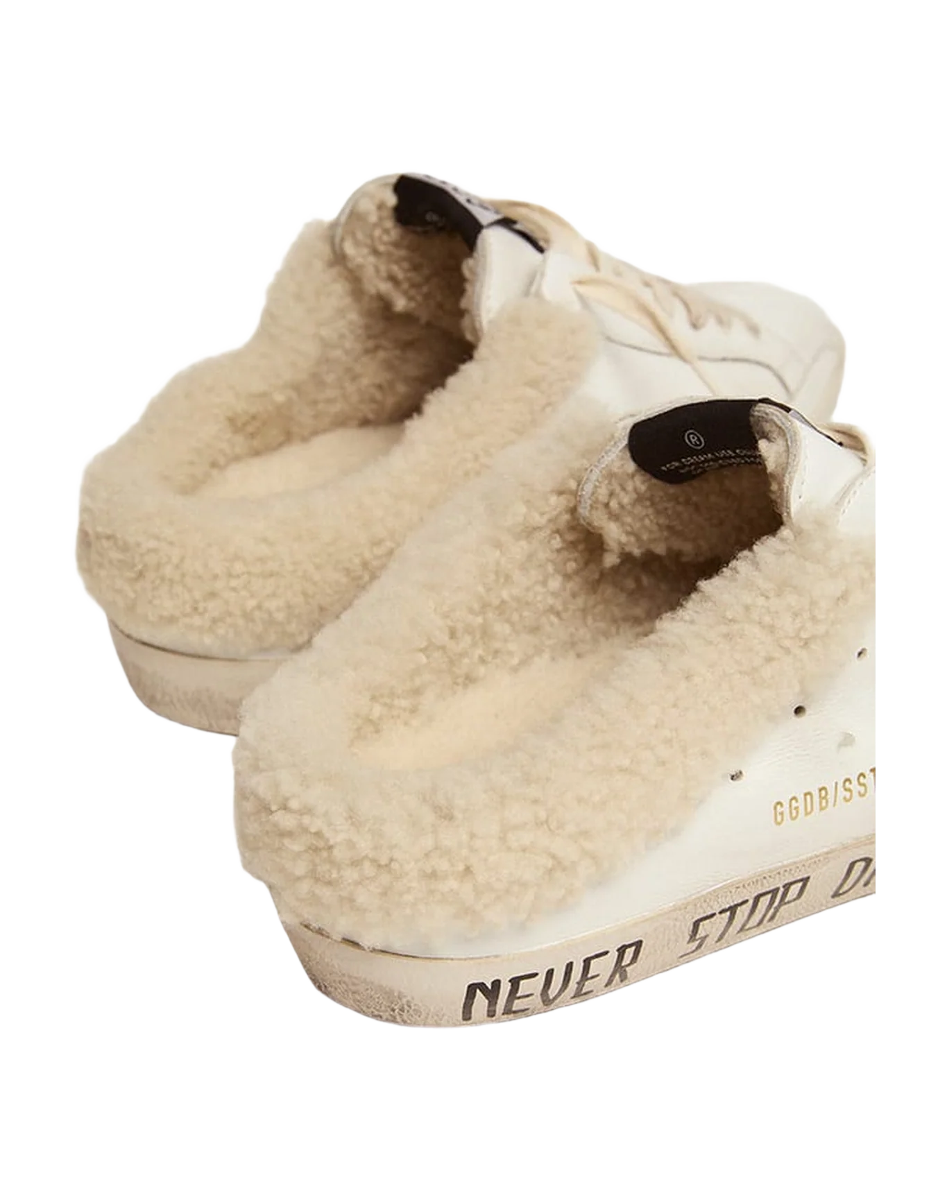 Men | Super-Star Sabot Sneakers White Leather with Beige Suede Star & Internal Shearling | White x Taupe - Image 7
