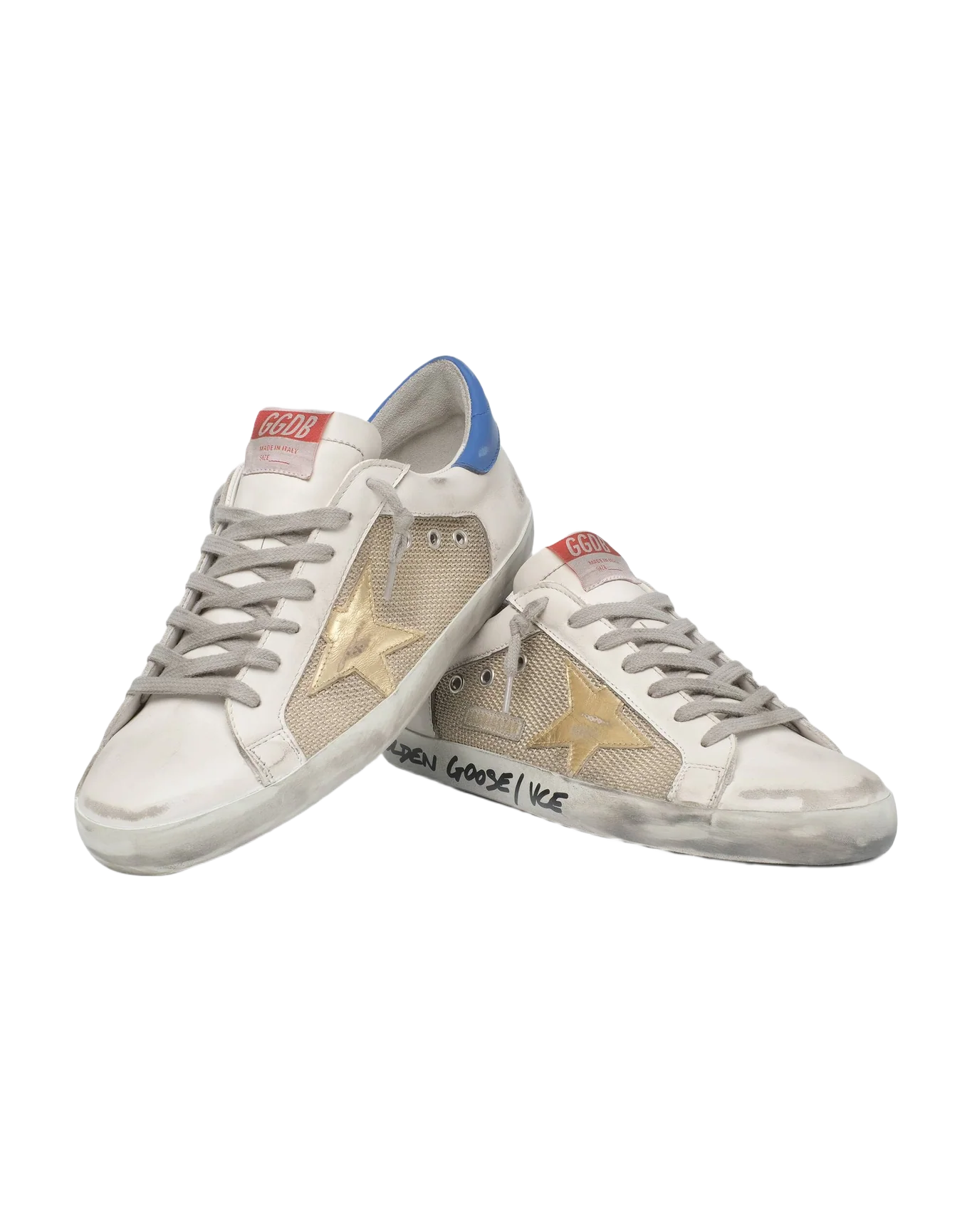 Men | Super-Star Sneakers Net & Leather with Gold Star & Blue Heel Tab | Milk x Gold x Dazzling Blue - Image 2