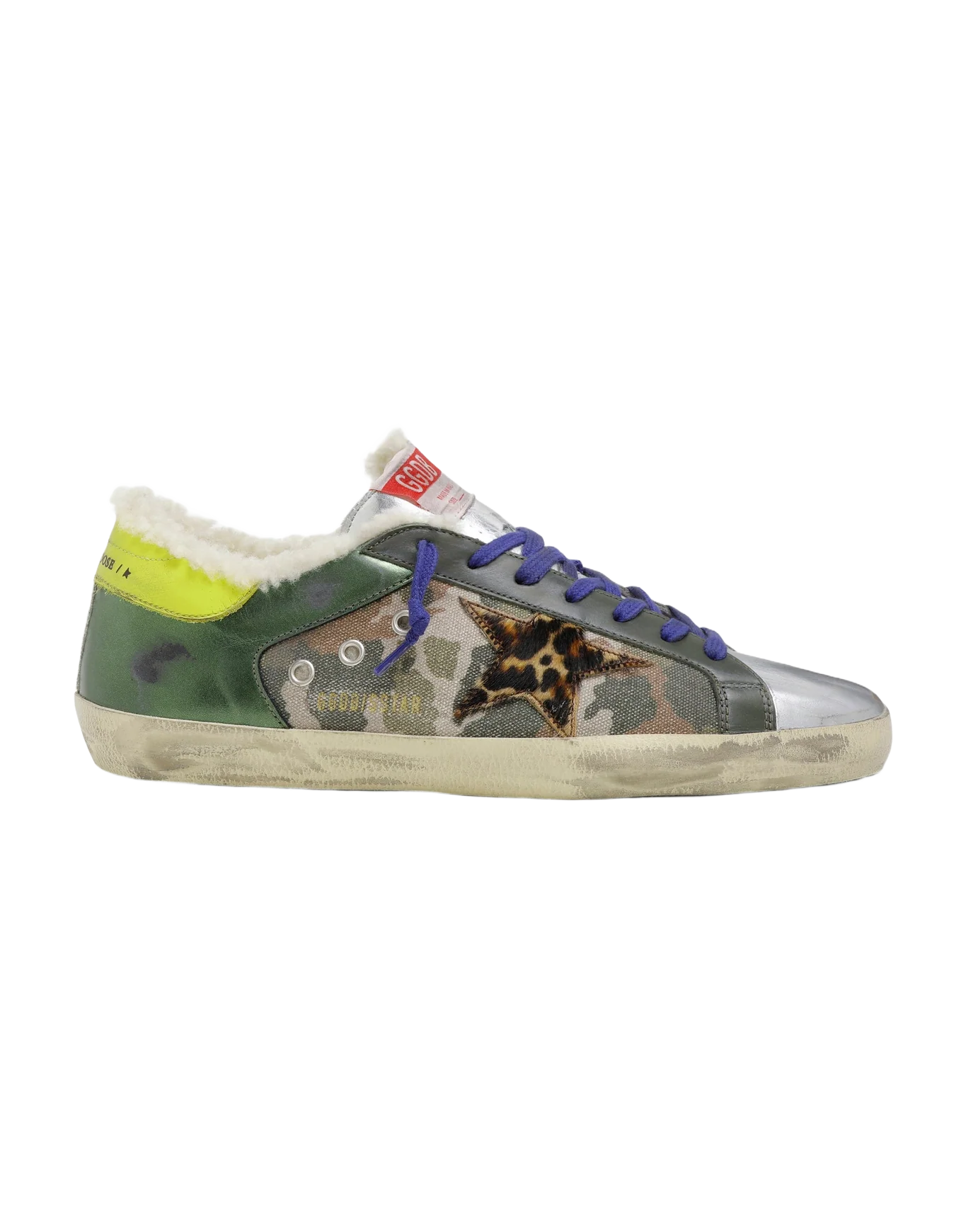 Men | Super-Star Sneakers Platinum Laminated Leather with Black Print | Green Camouflage x Military Green x Silver x Beige Brown Leo x Yellow Sun - Image 5