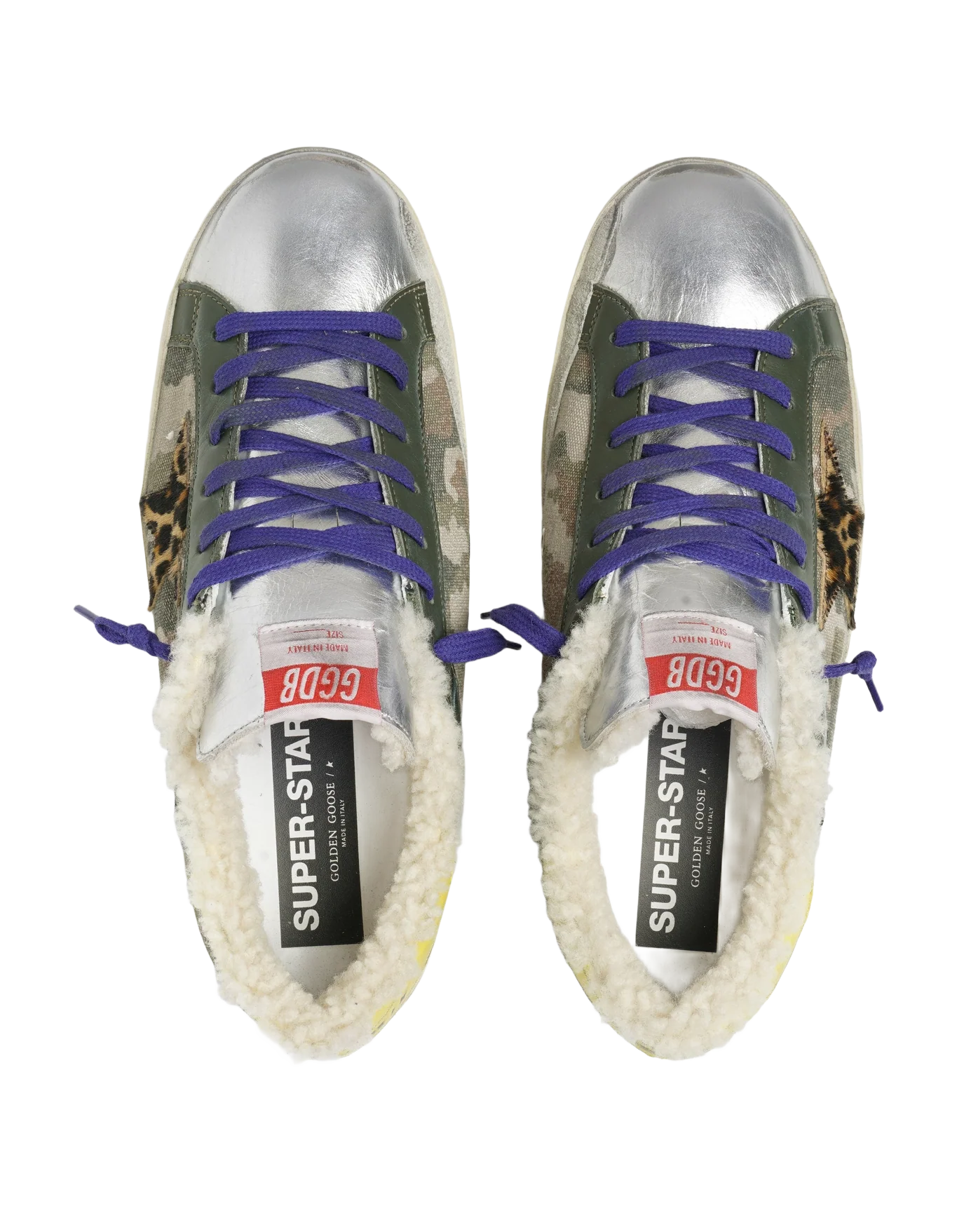 Men | Super-Star Sneakers Platinum Laminated Leather with Black Print | Green Camouflage x Military Green x Silver x Beige Brown Leo x Yellow Sun - Image 6