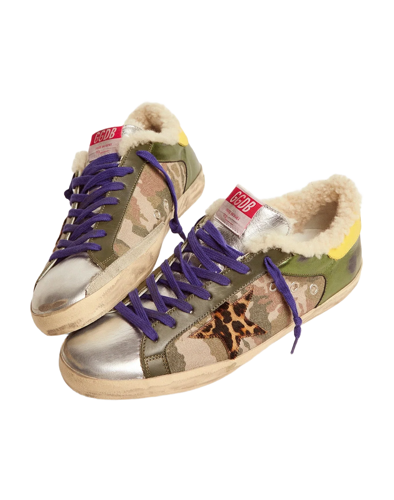 Men | Super-Star Sneakers Platinum Laminated Leather with Black Print | Green Camouflage x Military Green x Silver x Beige Brown Leo x Yellow Sun - Image 8