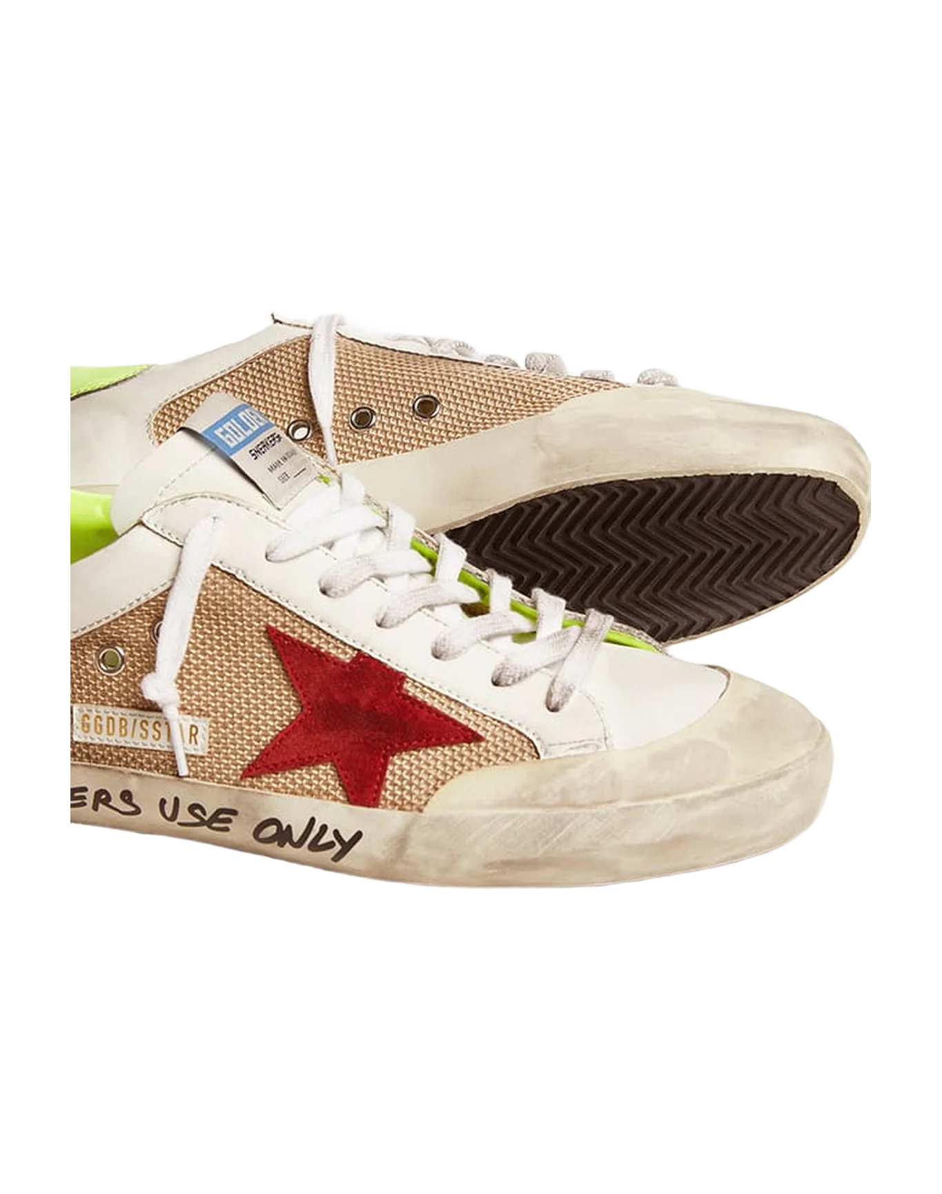 Men | Super-Star Sneakers White & Gold Leather with Burgundy Suede Star & Lime Leather Heel Tab | Milk White x Red x Yellow Fluo - Image 5