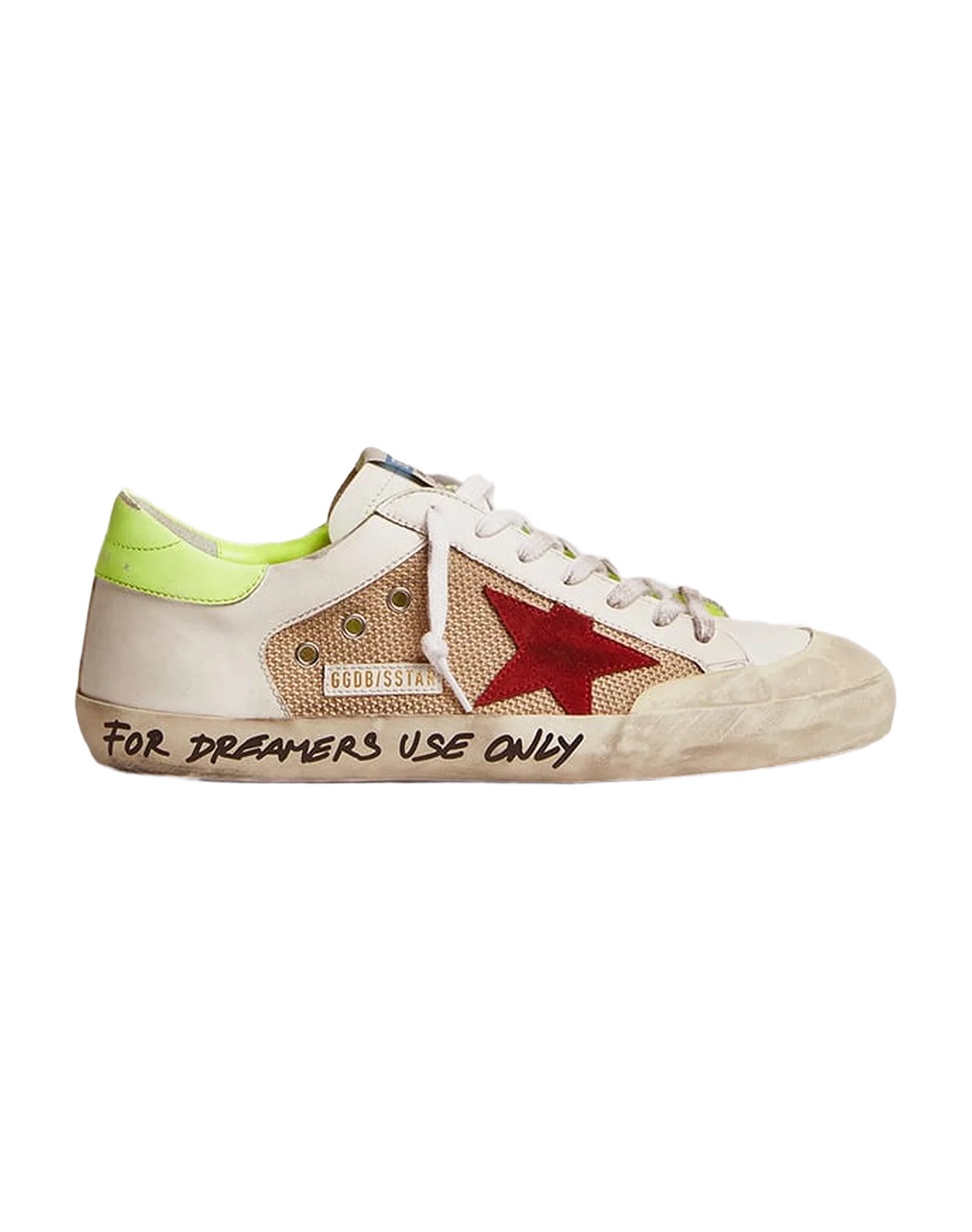 Men | Super-Star Sneakers White & Gold Leather with Burgundy Suede Star & Lime Leather Heel Tab | Milk White x Red x Yellow Fluo - Image 6