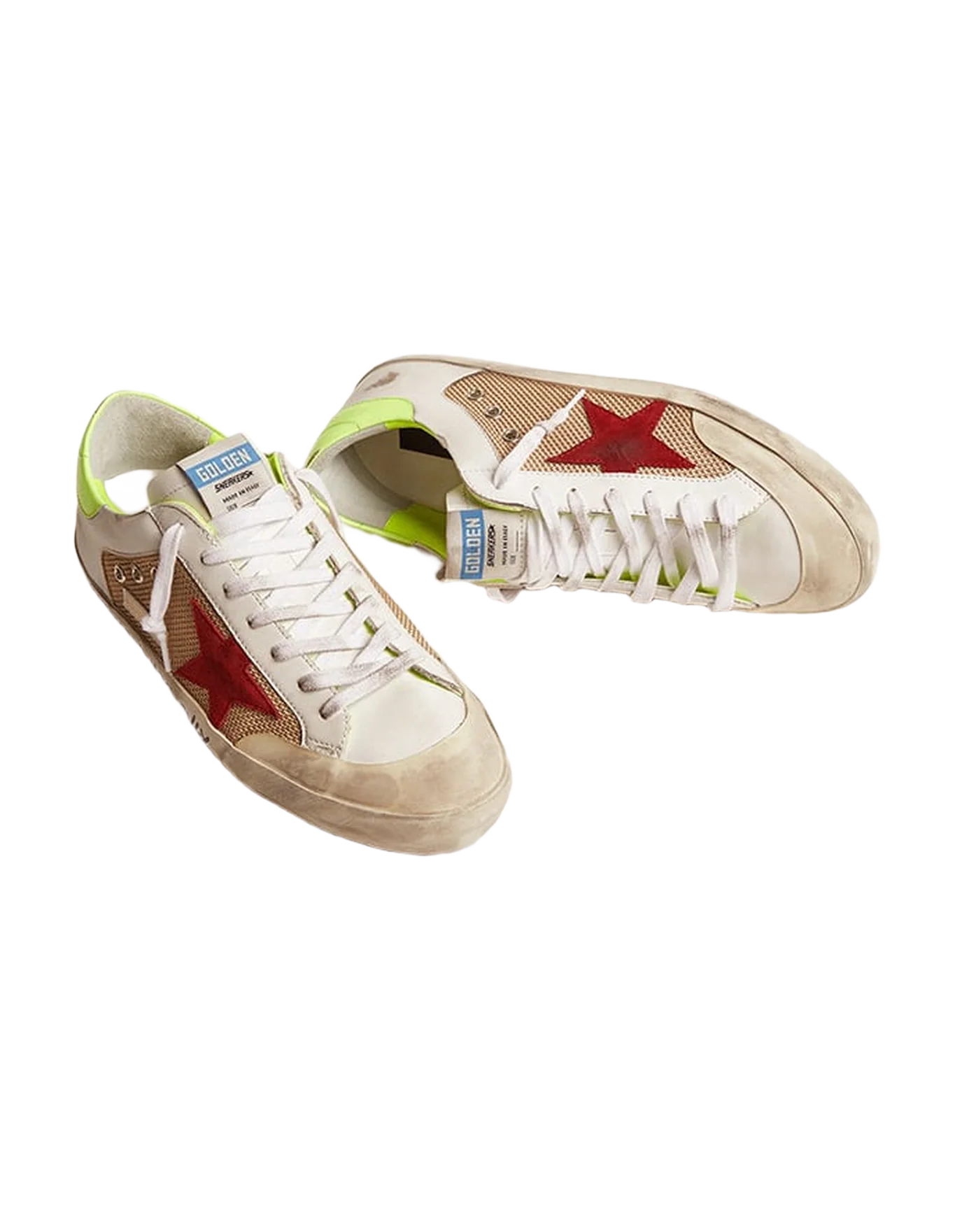 Men | Super-Star Sneakers White & Gold Leather with Burgundy Suede Star & Lime Leather Heel Tab | Milk White x Red x Yellow Fluo - Image 7