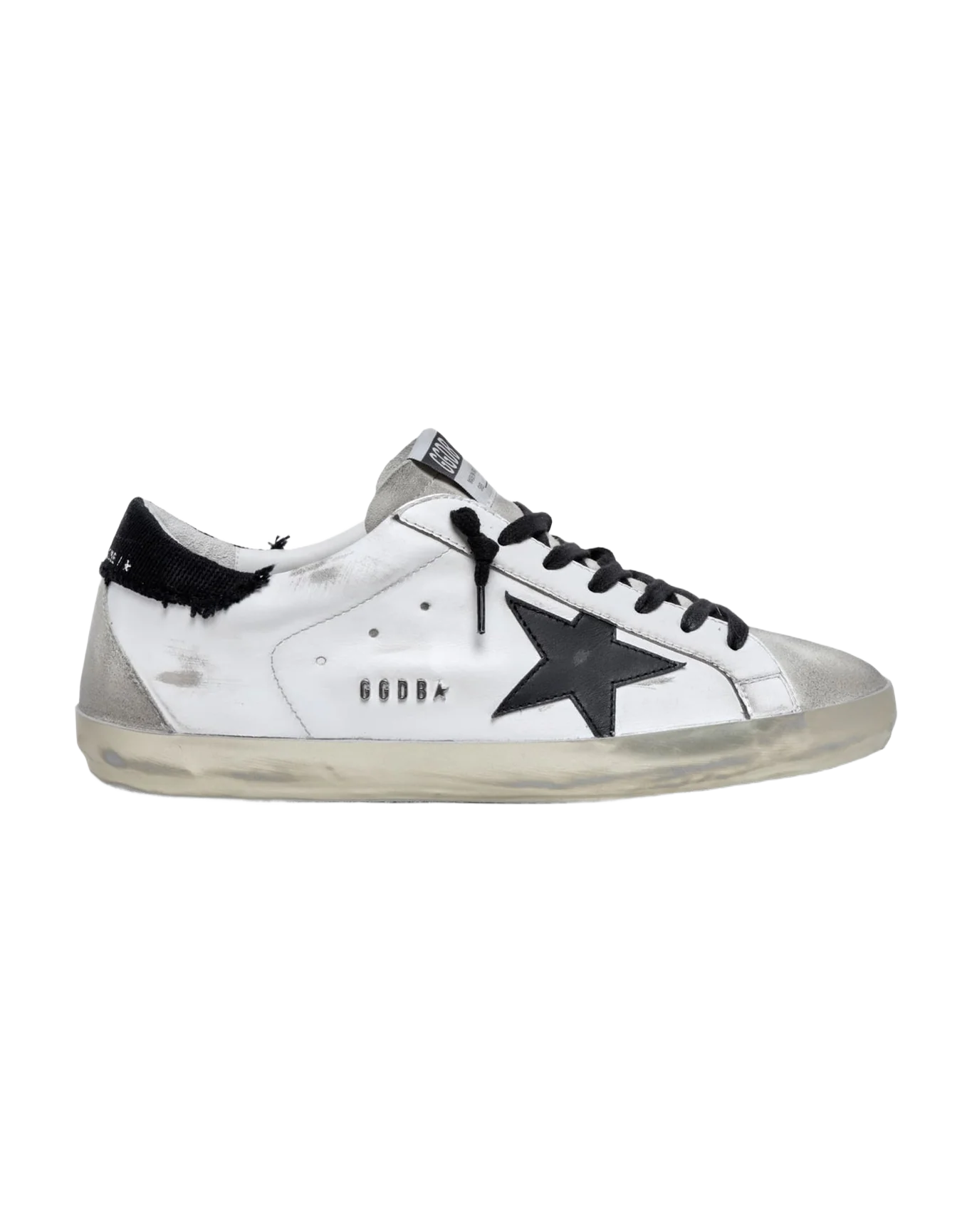 Men | Super-Star Sneakers White Leather with Black Distressed Canvas Heel Tab | White x Ice x Black