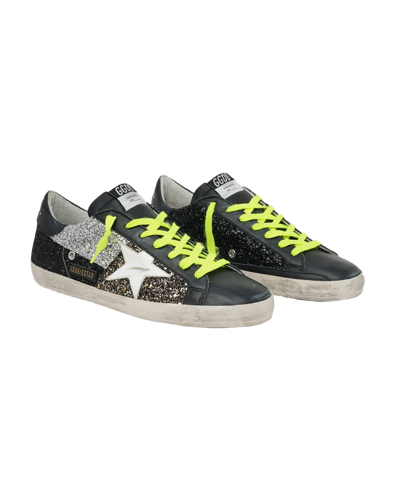 Men | Super-Star Sneakers with Gold, Silver & Black Glitter Inserts | Black x Black Gold x Silver x White